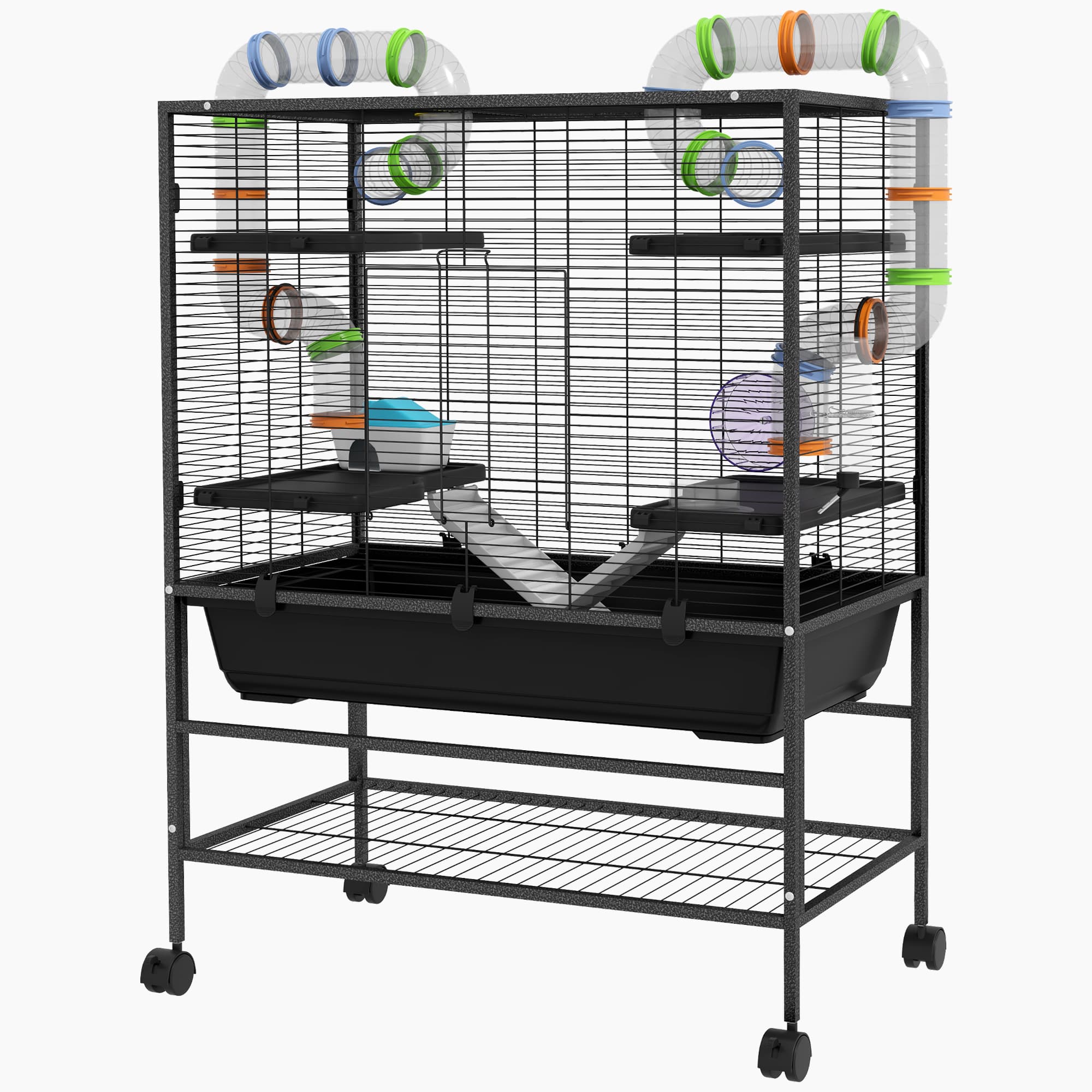 PawHut Cage pour hamsters avec tubes, roue d'exercice, maison, distributeur d'eau, 109 x 82 x 46 cm, Noir