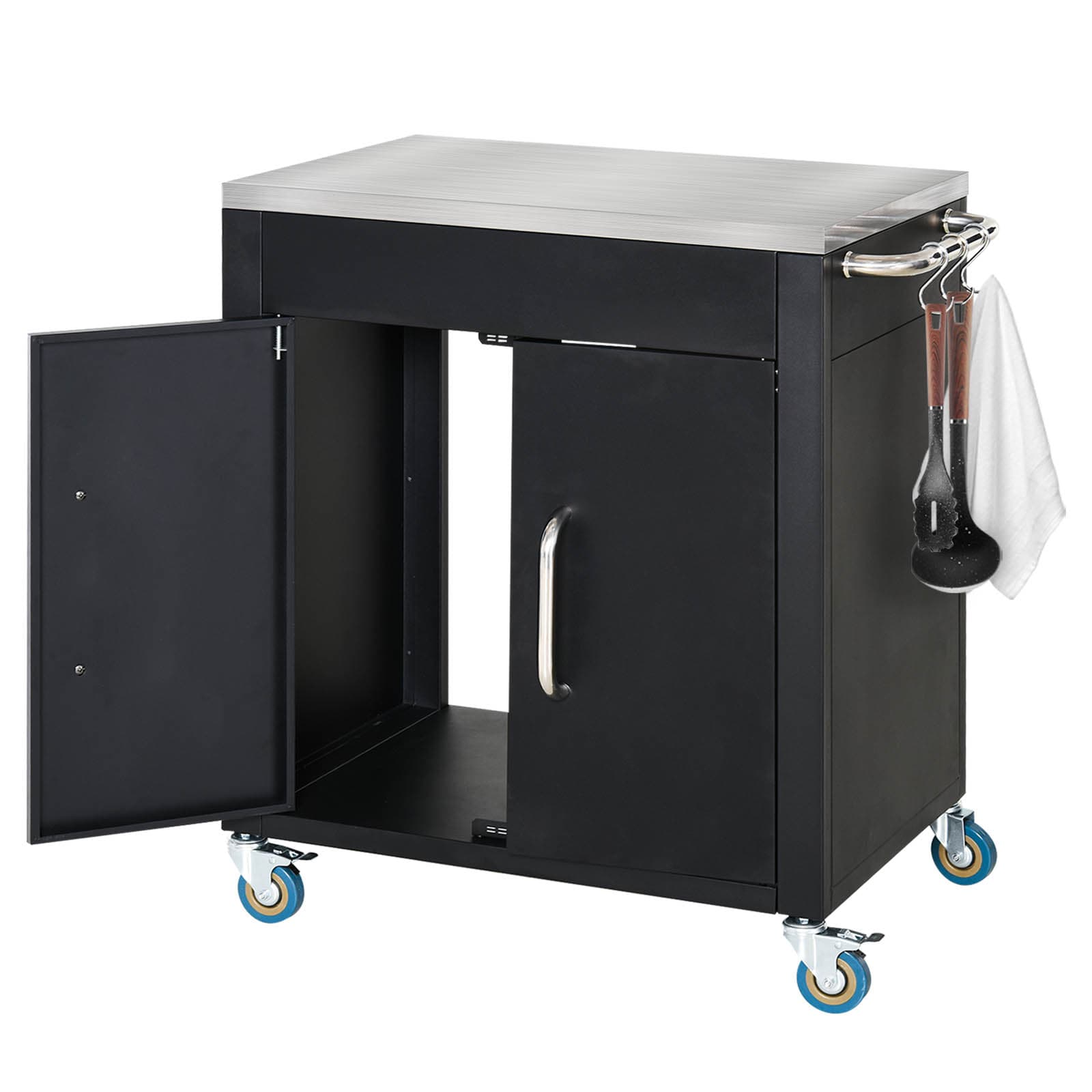HOMCOM Chariot de Cuisine à Roulettes, Chariot de Service, Chariot avec Armoire, Crochets et Poignées en Acier Inoxydable, Noir, 86x50x86,5cm