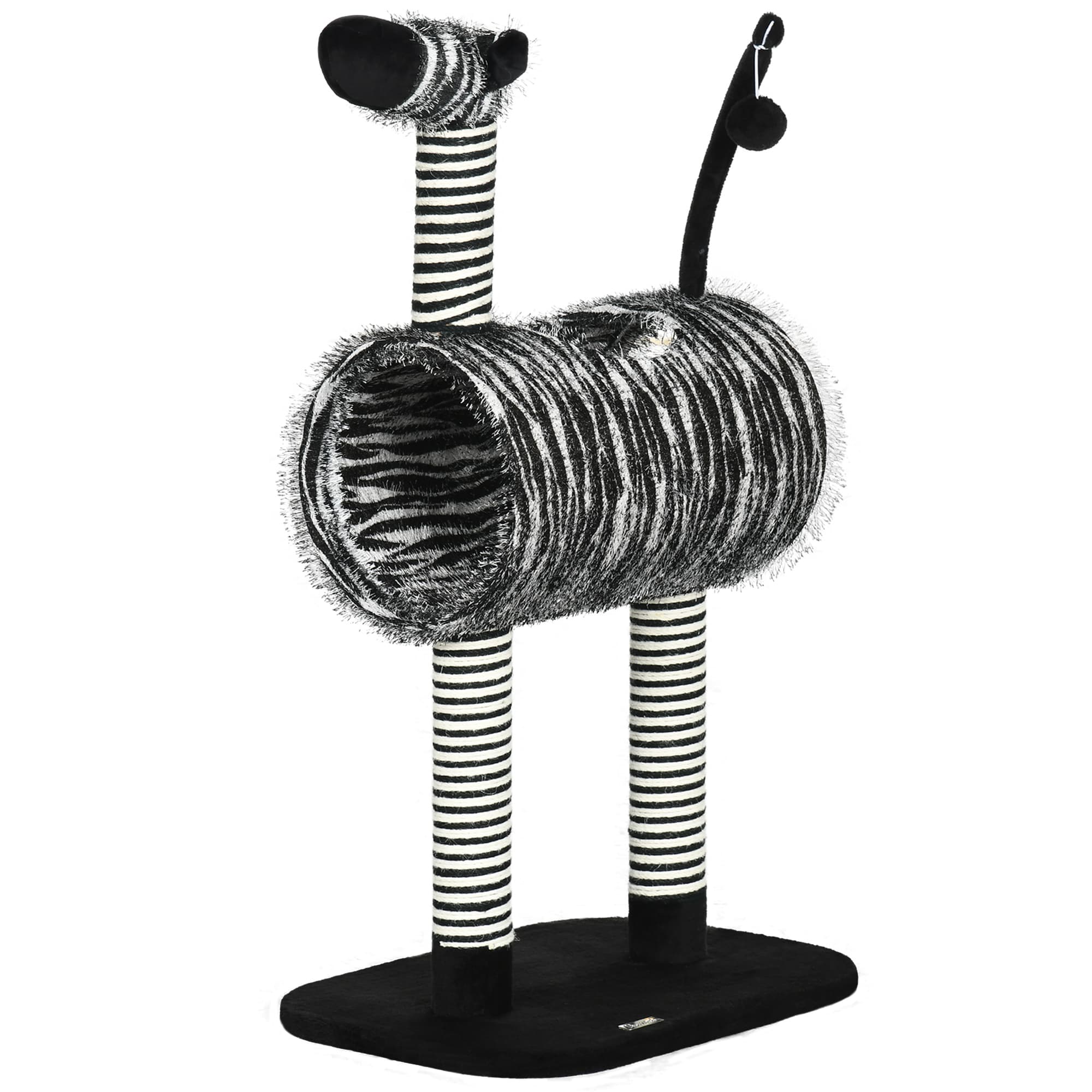 PawHut Kratzbaum au Design Zébré, 1 Tunnel pour chat, 3 Poteaux à griffer 48,5 cm x 35 cm x 93 cm, Noir + Blanc