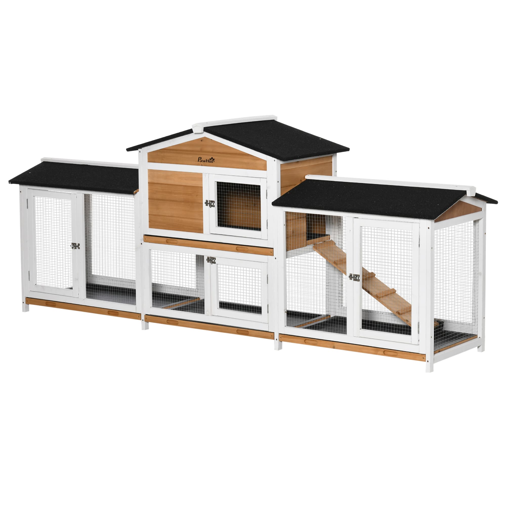 PawHut Cage pour Petits Animaux avec Enclos Inclus Rampe Toit en Asphalte Bois de Sapin Noir + Blanc + Naturel