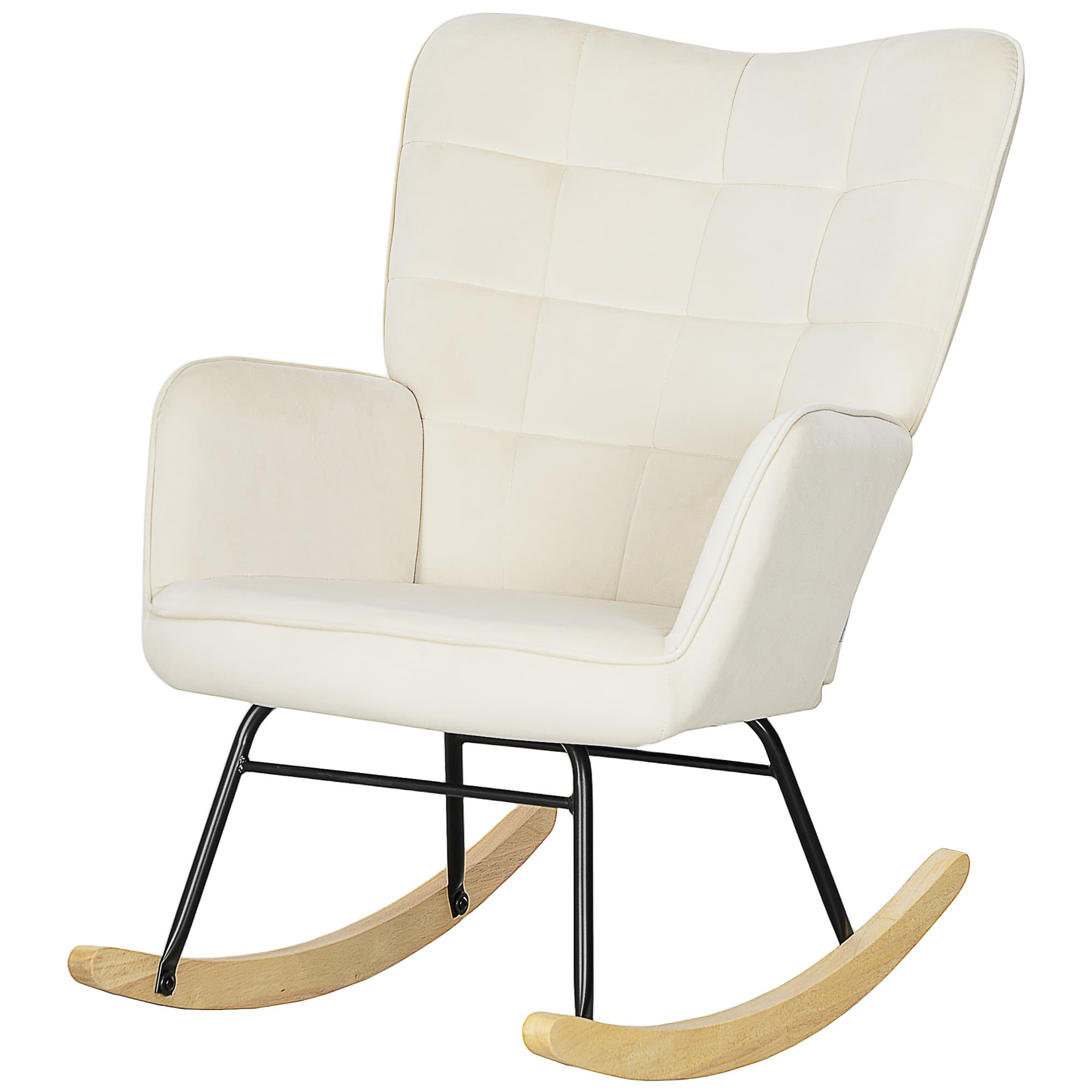 HOMCOM Chaise à Bascule, rembourrage épais, large dossier, hêtre/cadre en acier, jusqu'à 120 kg, Beige