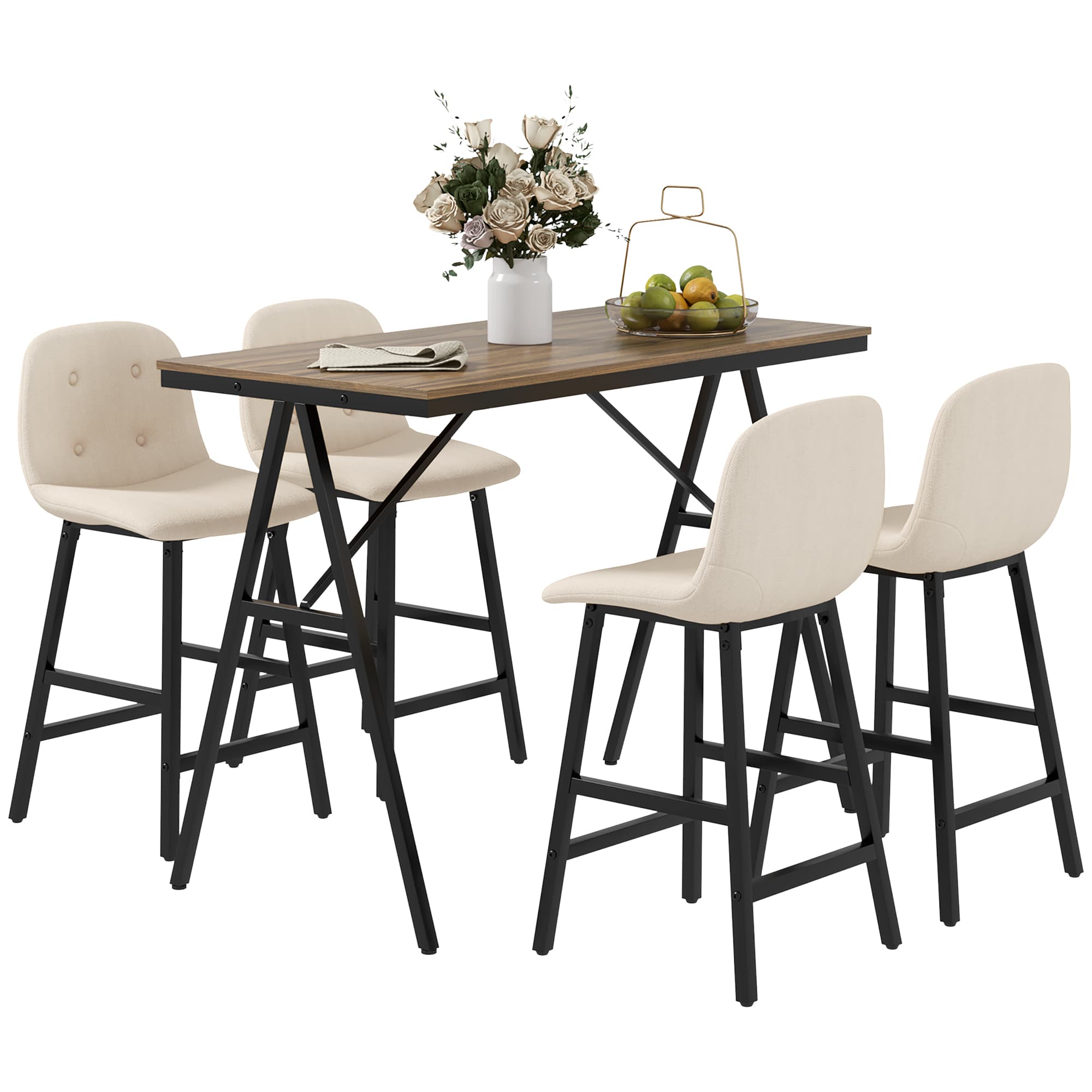 HOMCOM Ensemble de bar 5 pièces, table et 4 chaises, bouton capitonné, rembourrage épais, aspect lin, beige