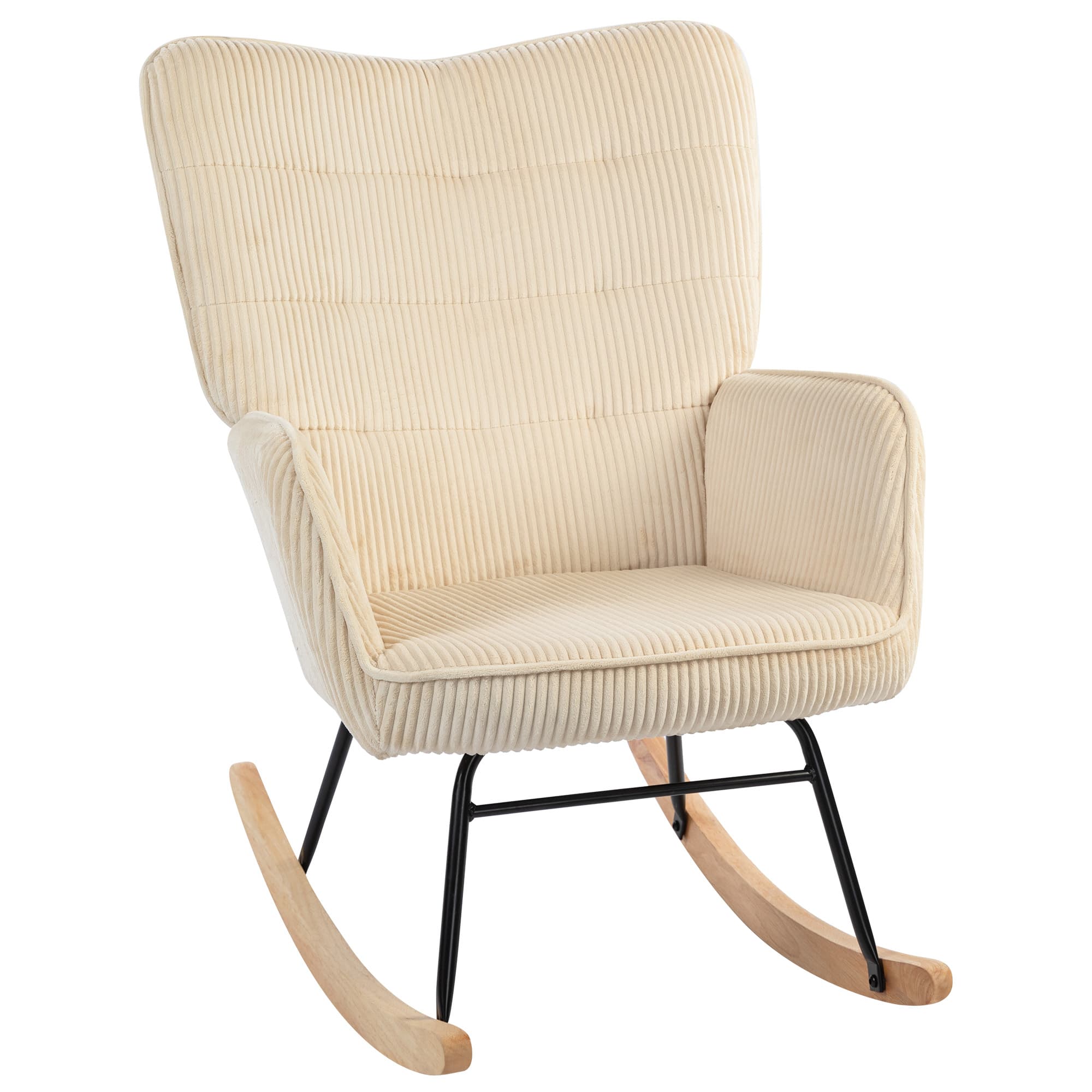 HOMCOM Fauteuil à Bascule Vintage, Pieds Courbés, Rembourrage Épais, Hêtre & Acier, Beige