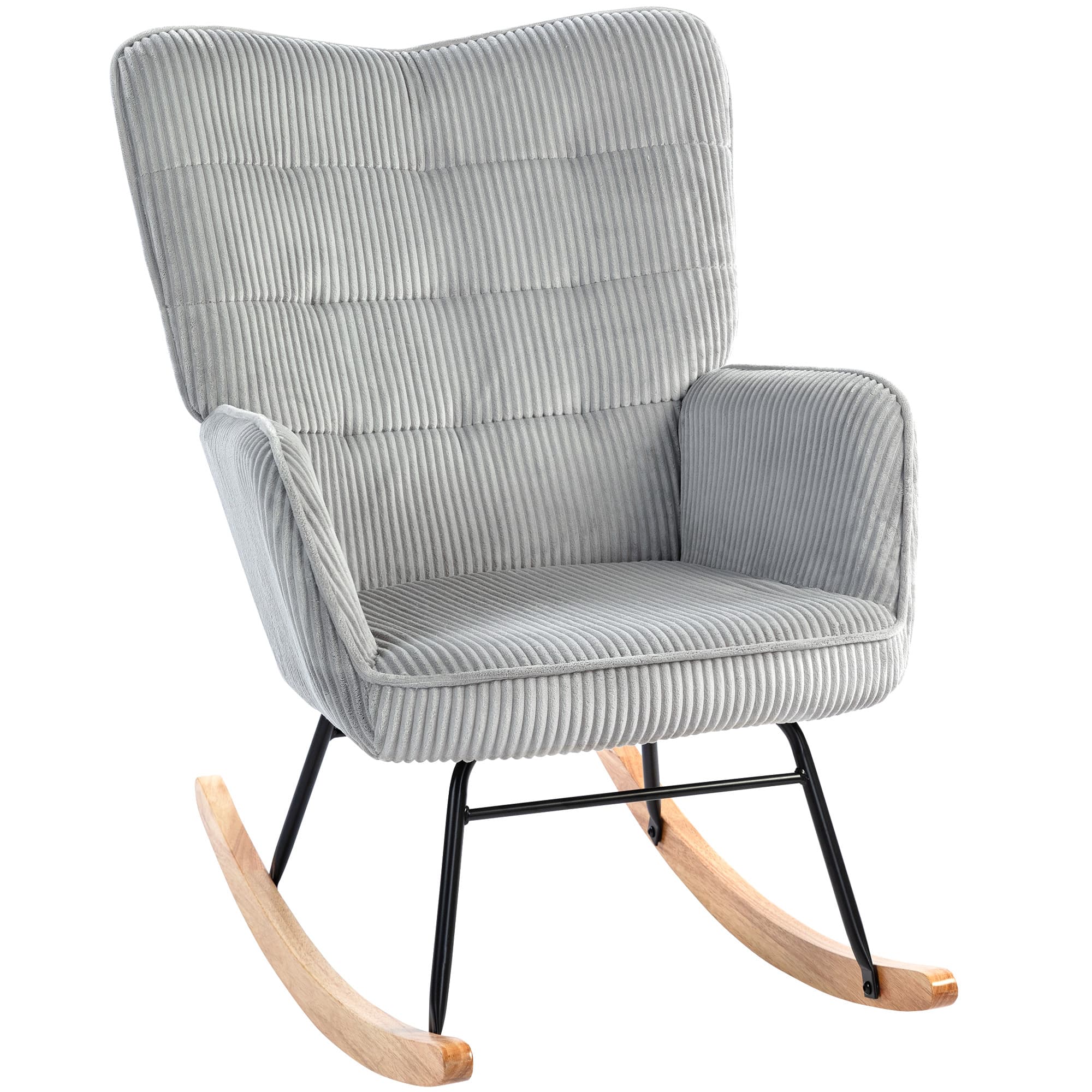 HOMCOM Fauteuil à bascule vintage, patins courbés, rembourrage épais, hêtre & acier, Gris clair