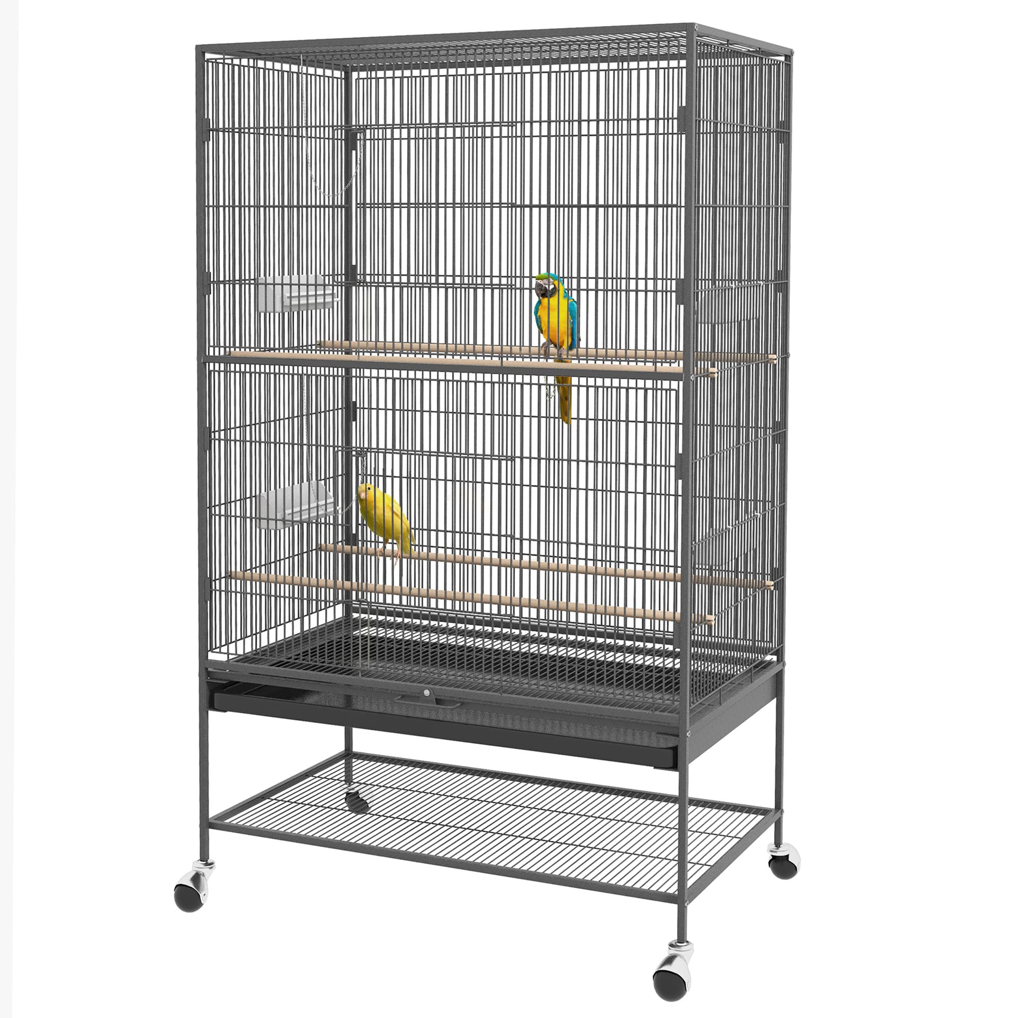 PawHut Cage à Oiseaux avec Perchoirs, Jouets pour Oiseaux, Tiroir Amovible, 1 Étagère, Gris