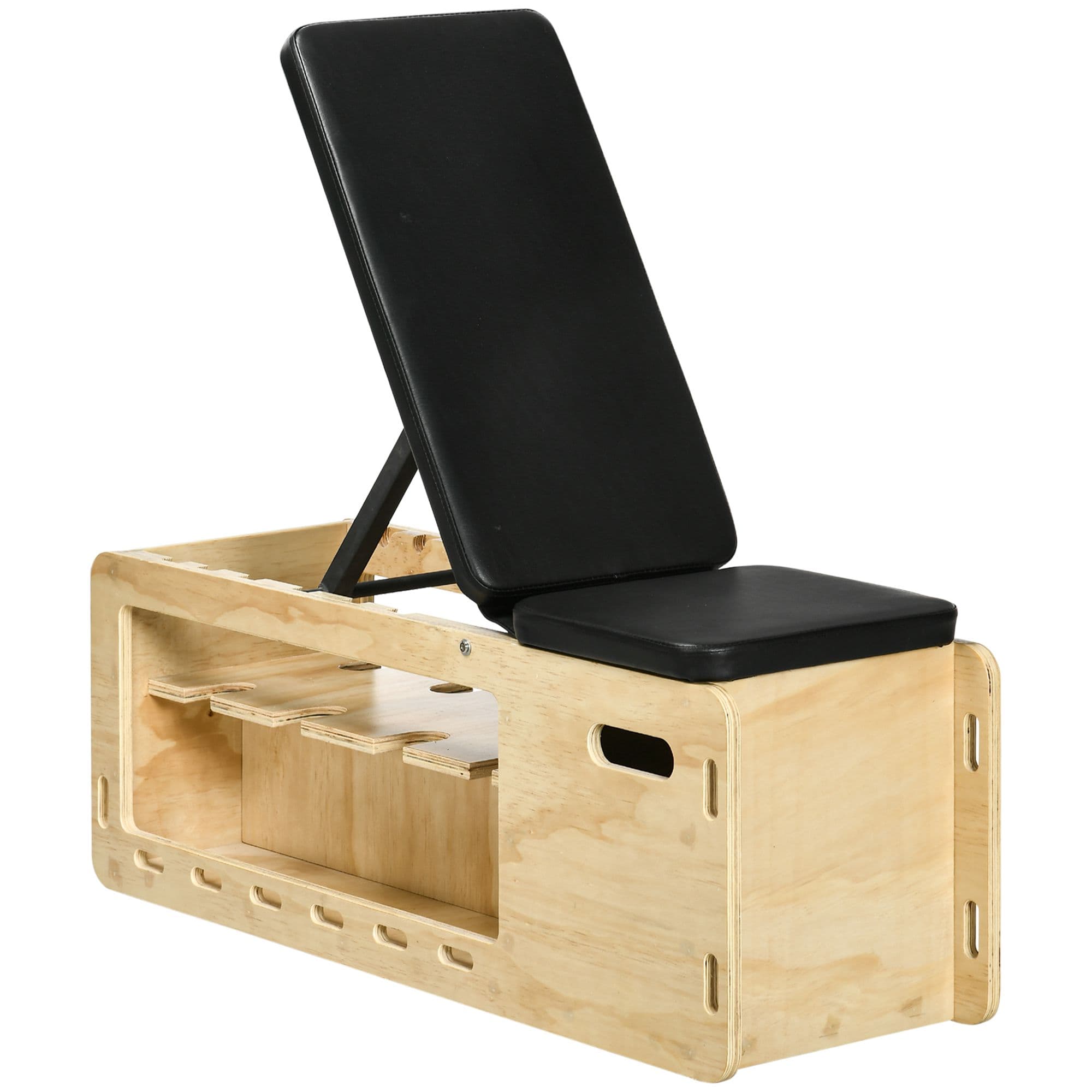 HOMCOM Banc d'haltères avec support de barre, 1 panier de rangement, réglable en 6 positions, bois massif, naturel + noir