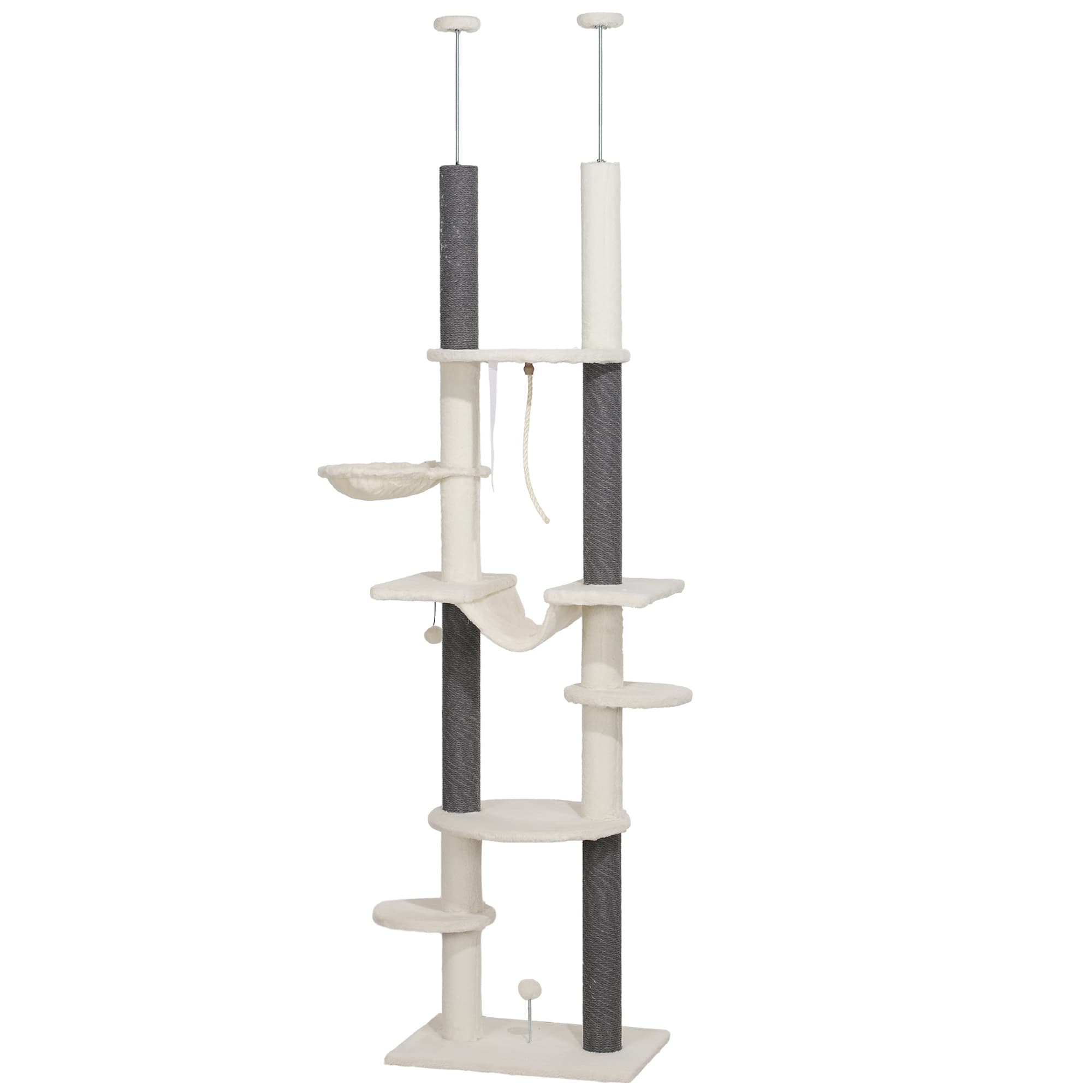 PawHut Arbre à Chat, haut jusqu'au plafond, ajustable 225-255 cm, Plateformes & Hamacs, Dispositif anti-basculement, Blanc