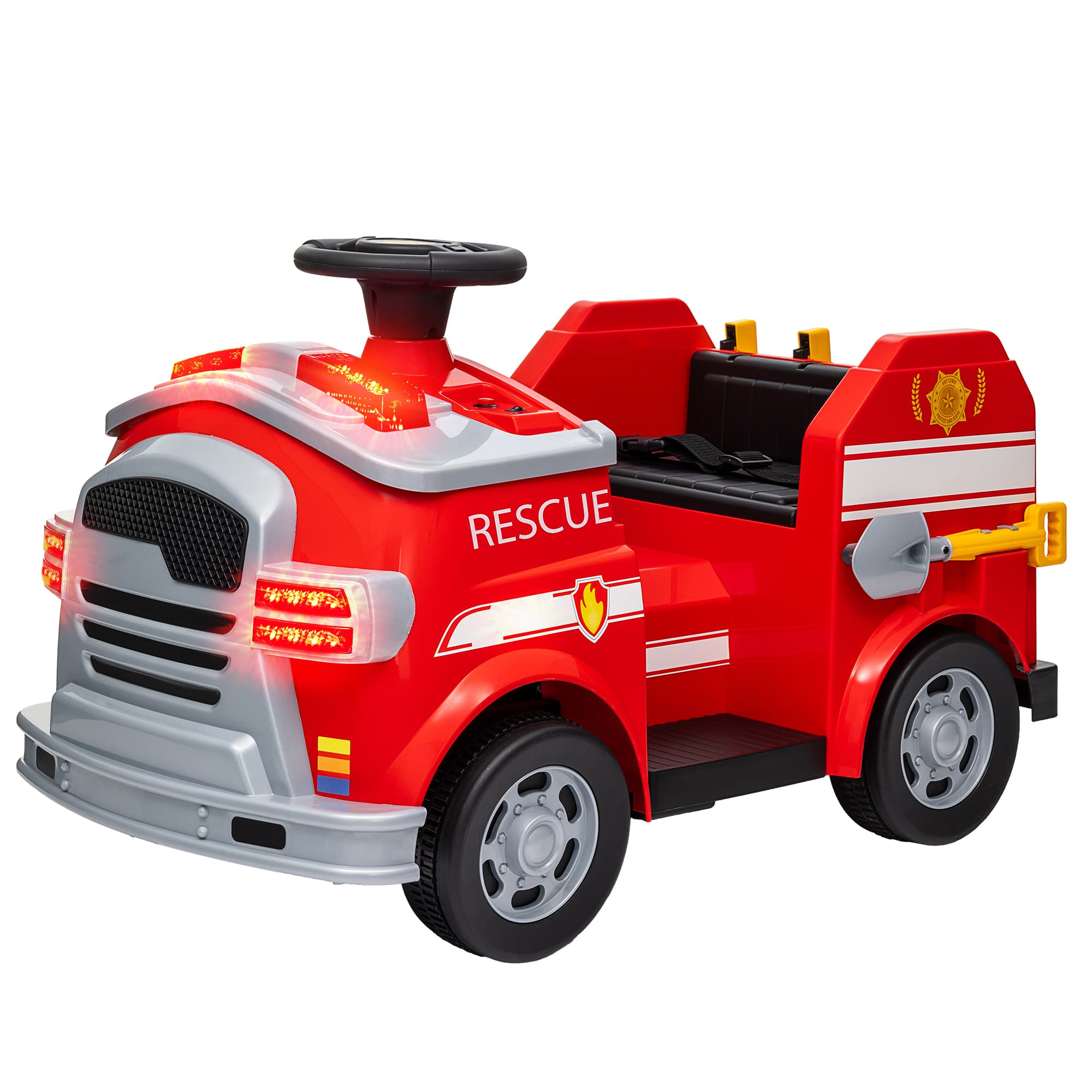 AIYAPLAY Voiture de pompiers électrique pour enfants, max. 3 km/h, sirène, feux bleus, outils, pour les enfants de 3 à 5 ans