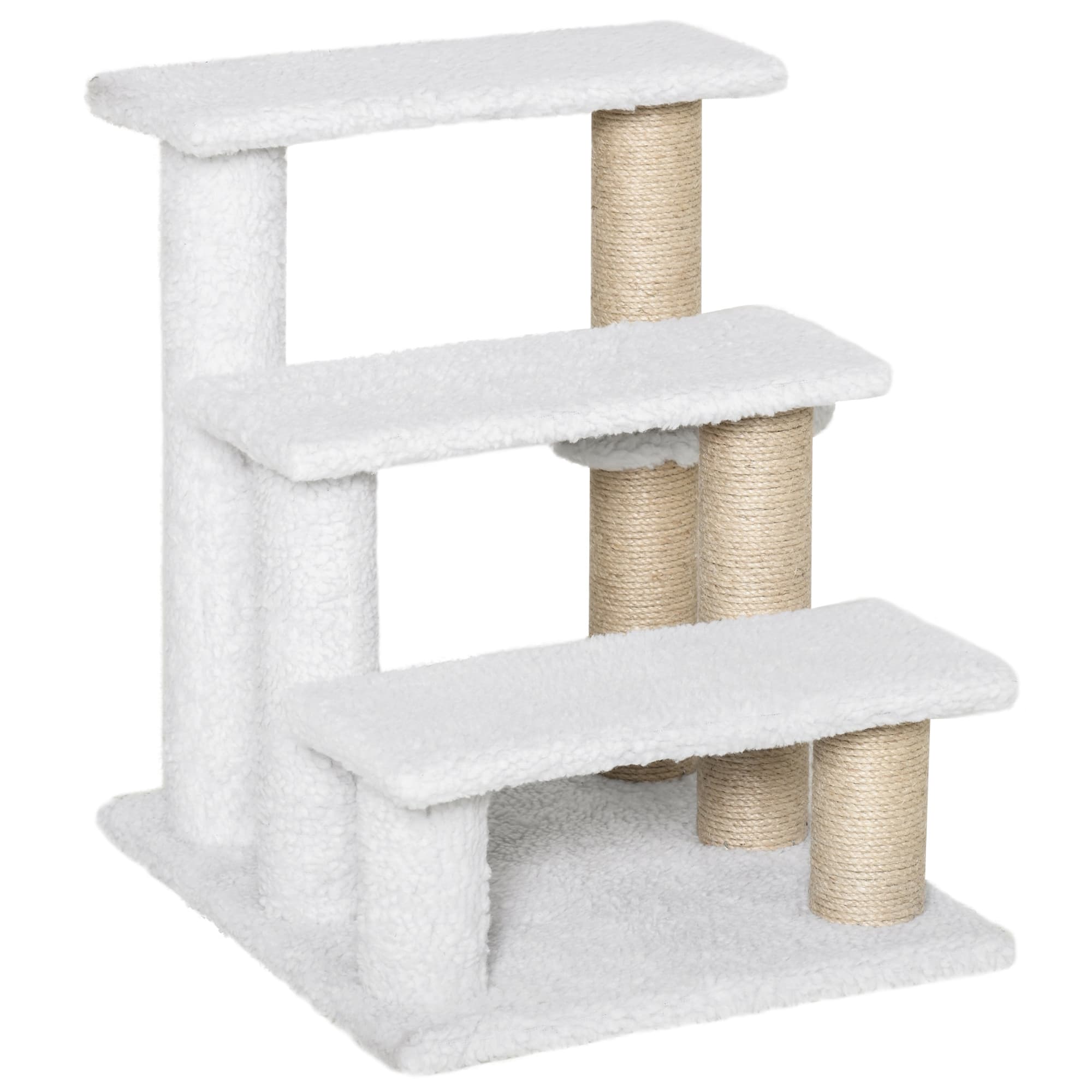 PawHut Escalier pour chat à 3 marches avec poteaux à griffer, balle, escalier pour chien, escalier pour animaux de compagnie pour chats jusqu'à 5 kg, peluche en jute blanc 45 x 40 x 48 cm