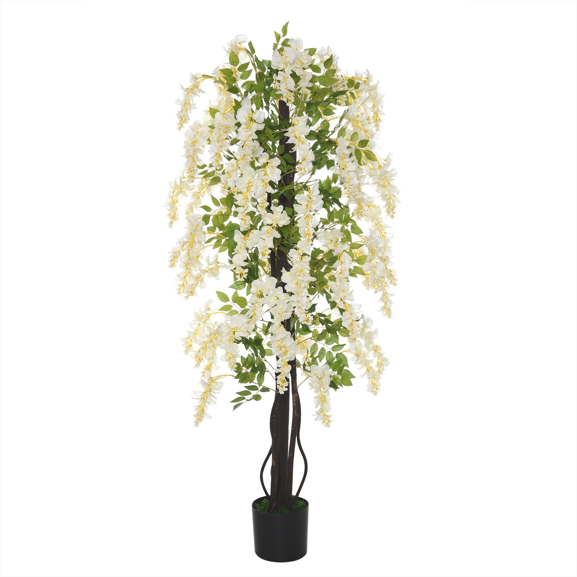 Outsunny Plante artificielle avec glycines blanches Décoration 1,65 m Plantes artificielles en pot Arbre de décoration en plastique et ciment Blanc + Vert 24 x 24 x 165 cm