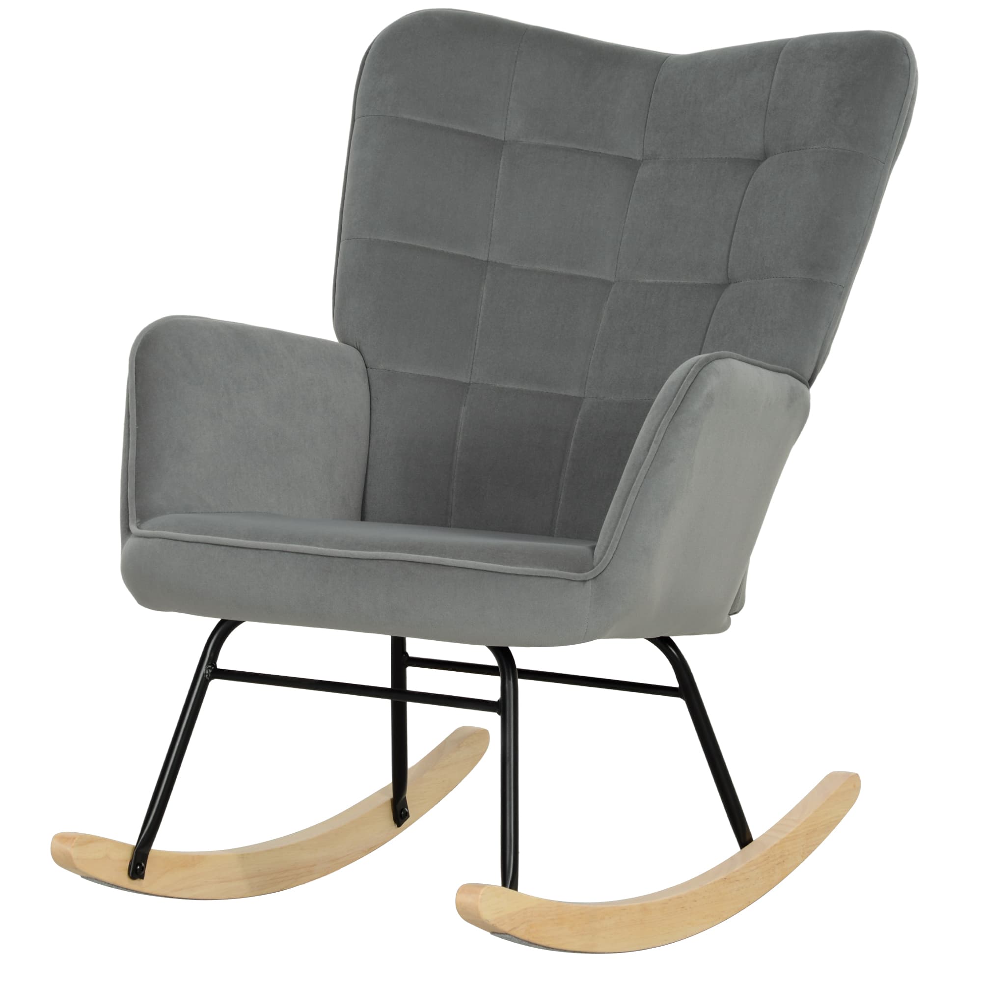HOMCOM Fauteuil à bascule vintage, bascule incurvée, rembourrage épais, bois de hêtre & acier, gris foncé