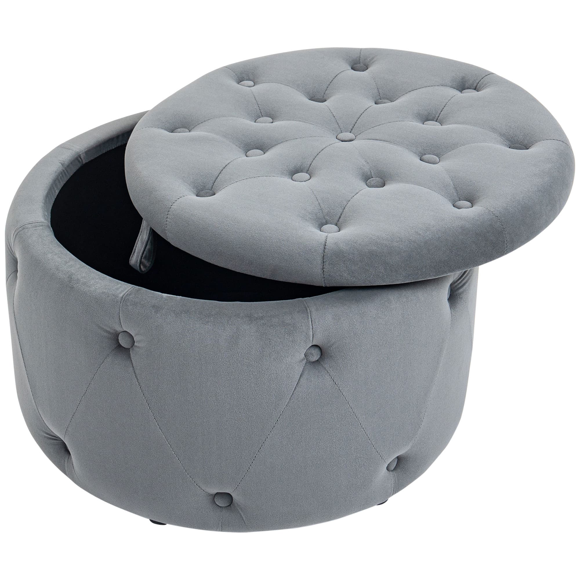 HOMCOM Pouf rond avec espace de rangement, design matelassé avec boutons, texture en velours, gris, 60 x 60 x 40 cm