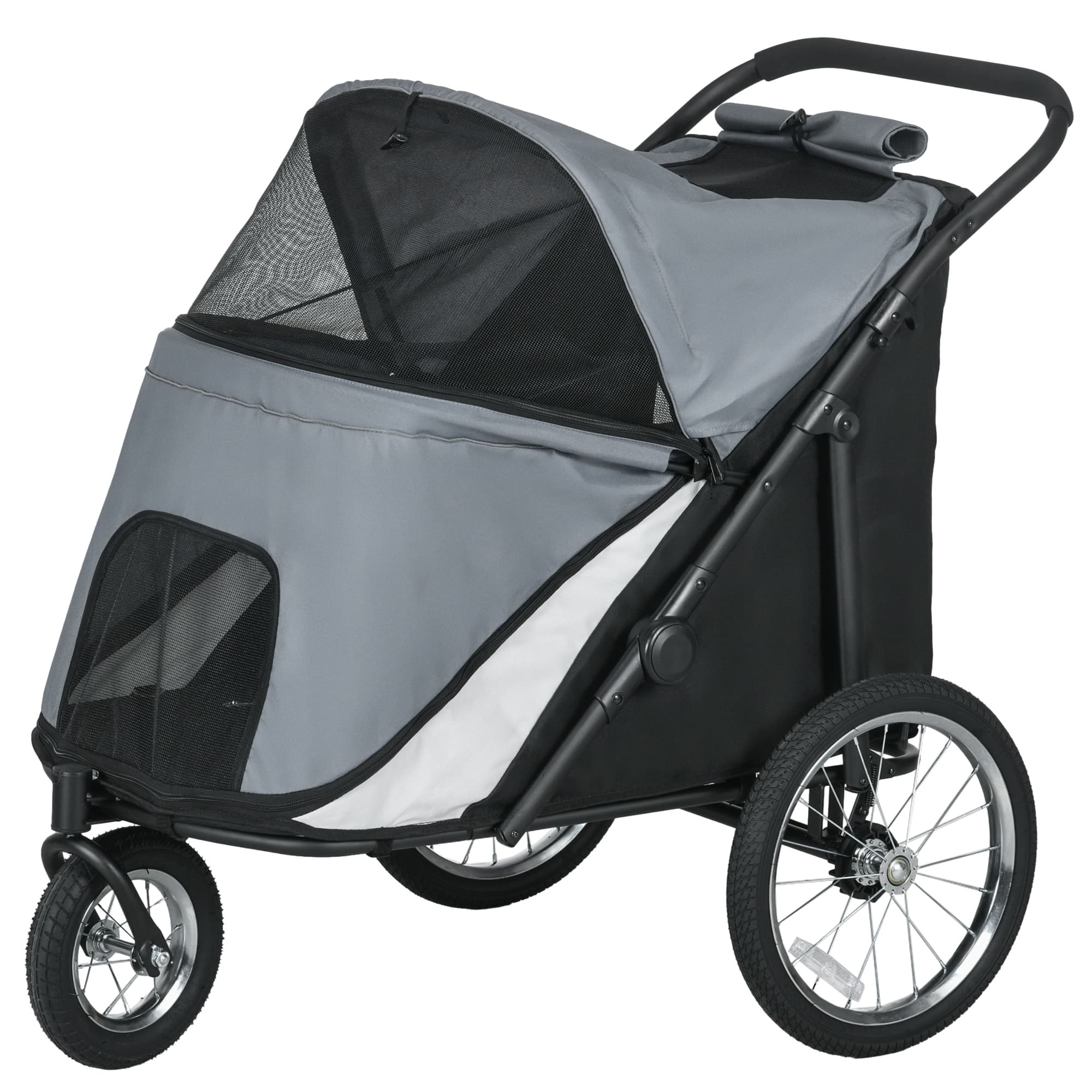 PawHut Chariot pour chiens, pliable, à auvent ouvrant, coussin de couchage, cadre en acier, Gris/Noir