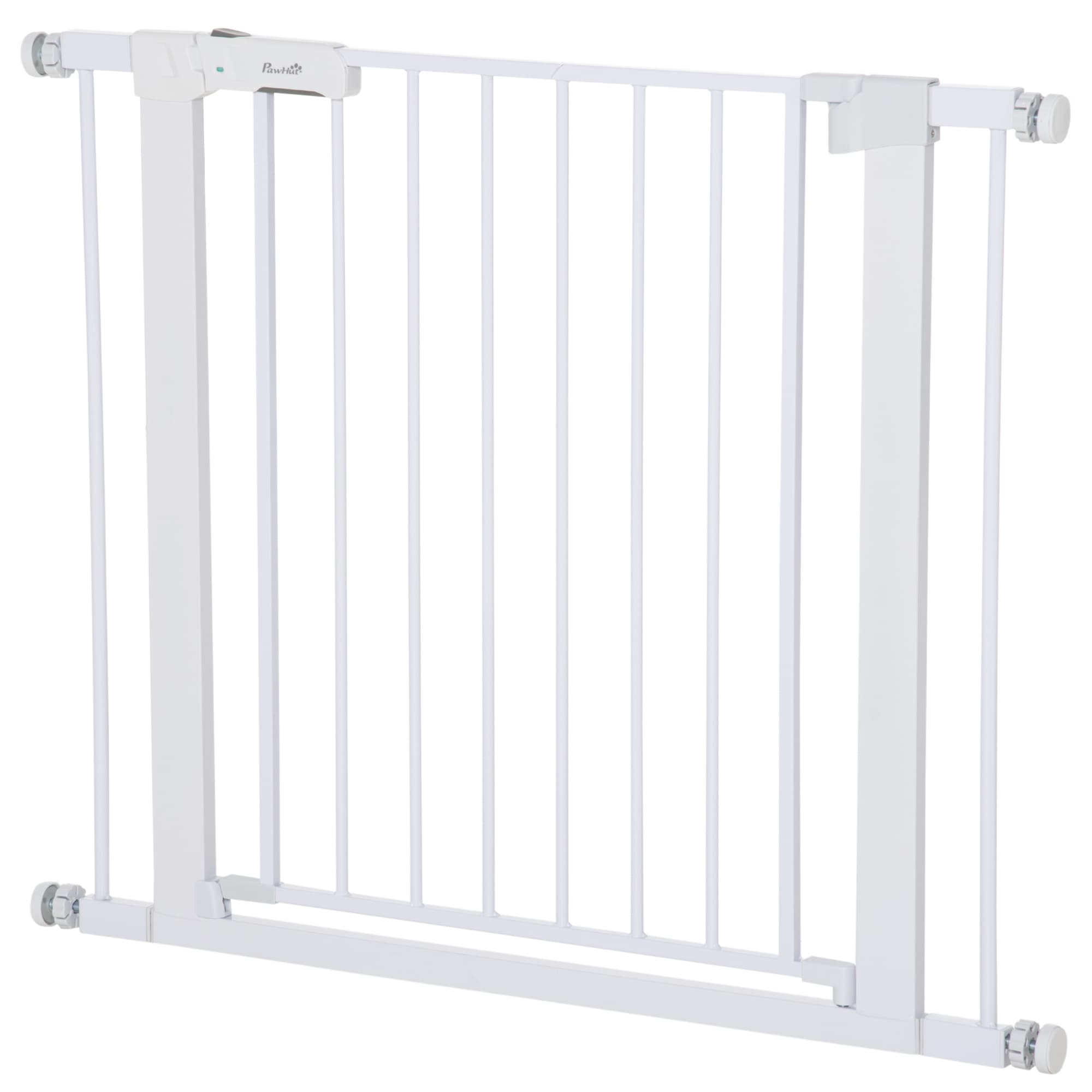 PawHut Barrière de Porte, Installation sans Perçage, Largeur Ajustable de 75-96 cm, Ouverture d'une Seule Main, Métal, Blanc, 76 cm de Hauteur