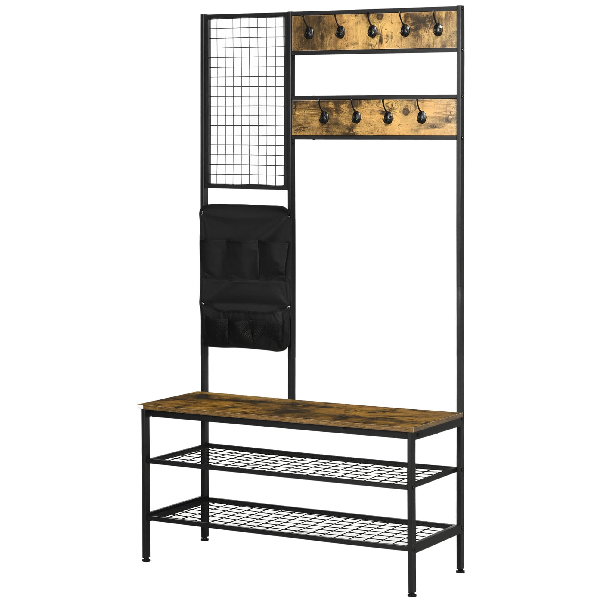 HOMCOM Porte-Manteau au Design Industriel, 1 Tableau Mémo, 1 Banc à Chaussures, 8 Crochets pour Vêtements, 1 Sac de Rangement, Noir + Marron