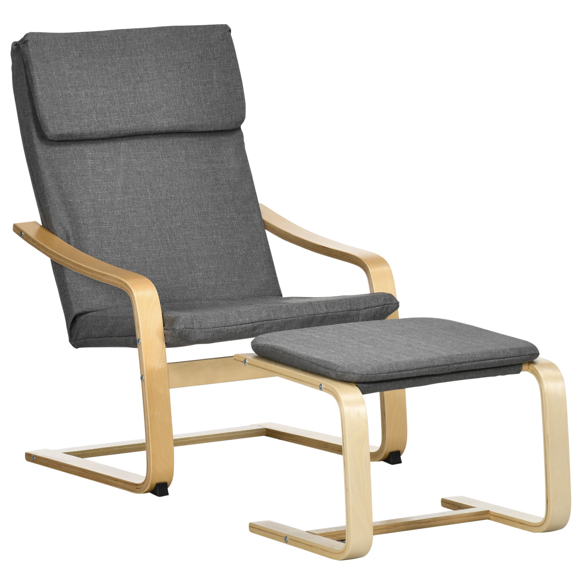 HOMCOM Fauteuil avec Repose-Pieds, Ensemble de Fauteuil en Tissu Effet Lin et Bois Massif, Gris + Naturel