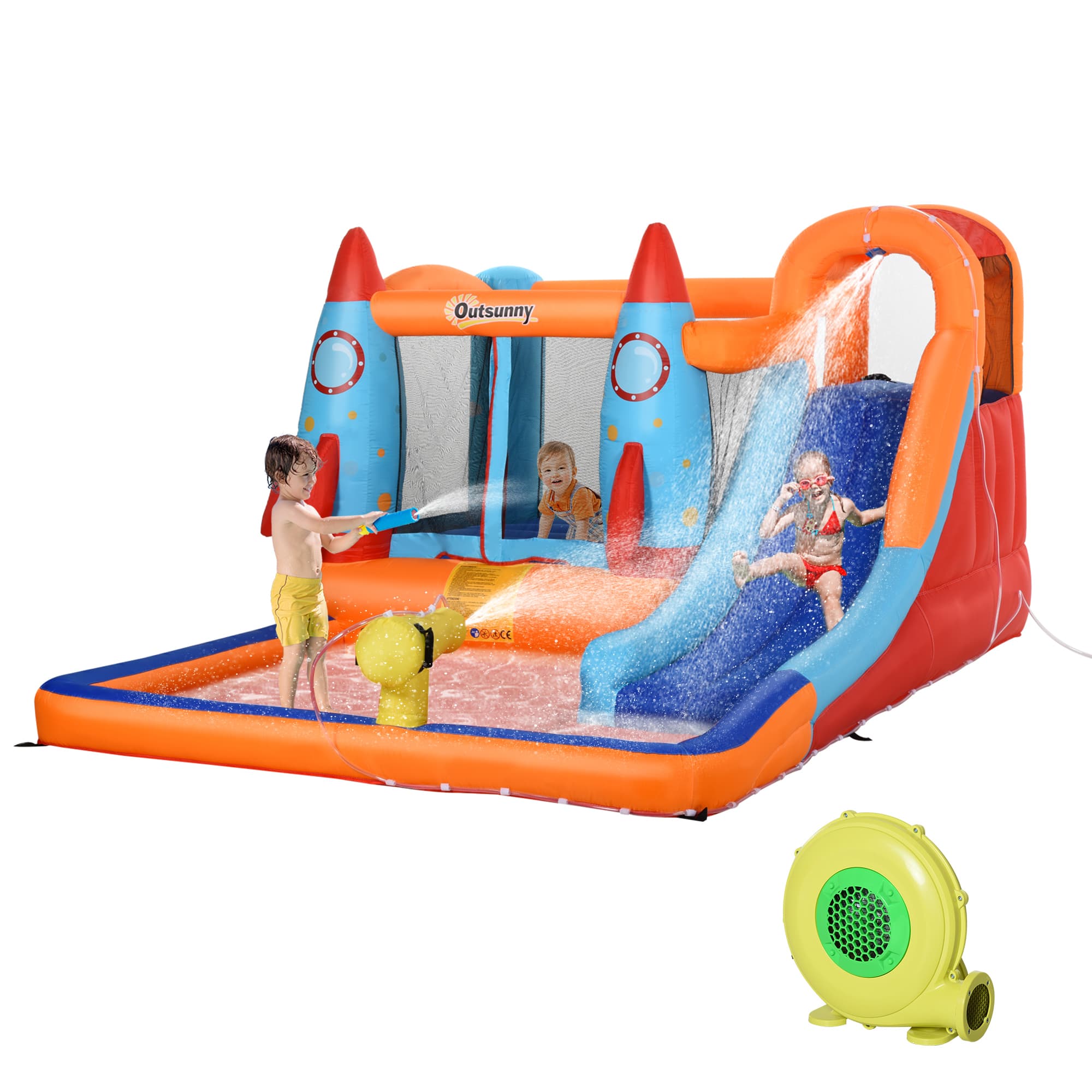 Outsunny Château Gonflable avec Souffleur, Kit de Réparation et Matériel de Fixation, 350 cm x 250 cm x 185 cm, Multicolore