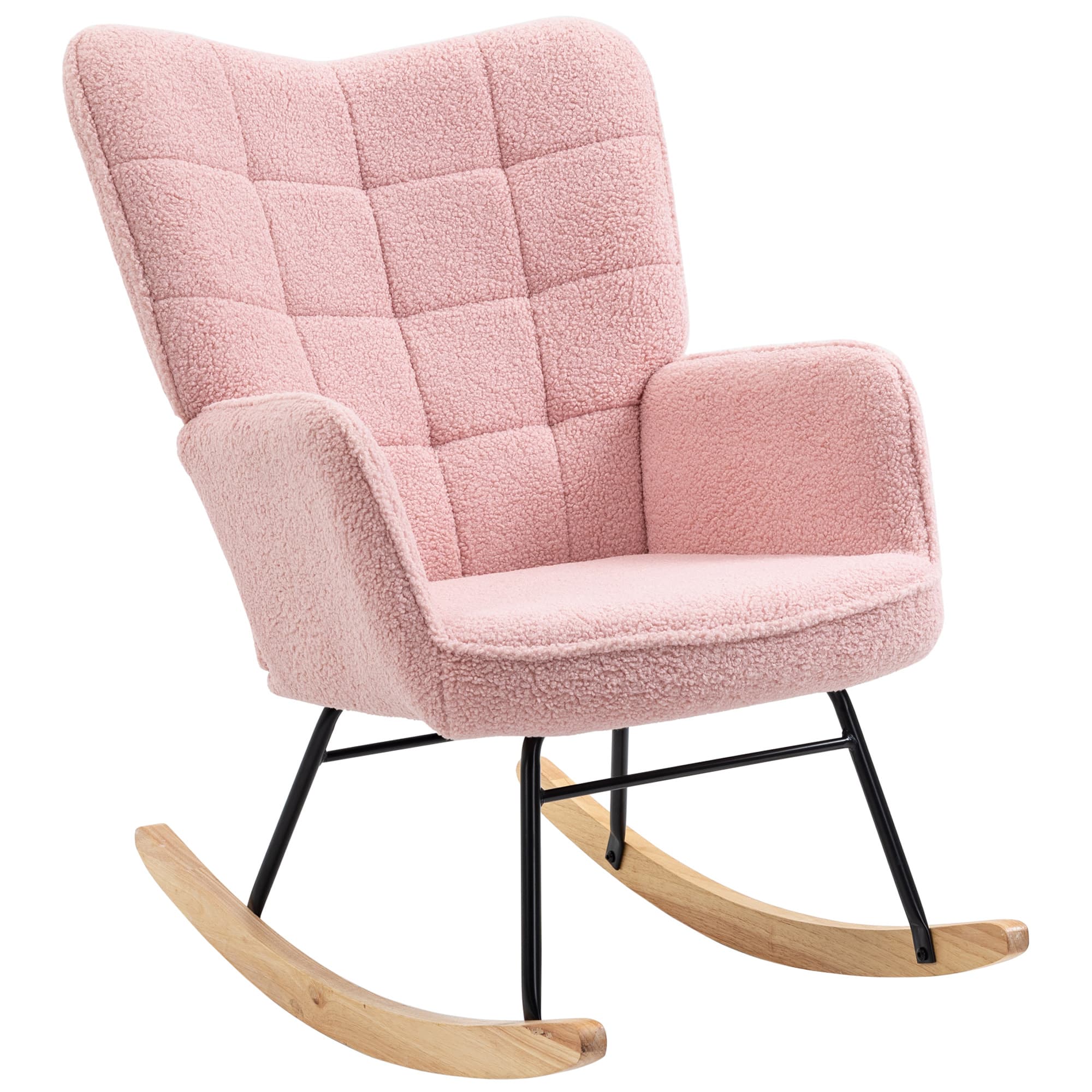 HOMCOM Fauteuil à bascule rocking chair revêtement bouclette structure en acier 71 x 98 x 101 cm rose
