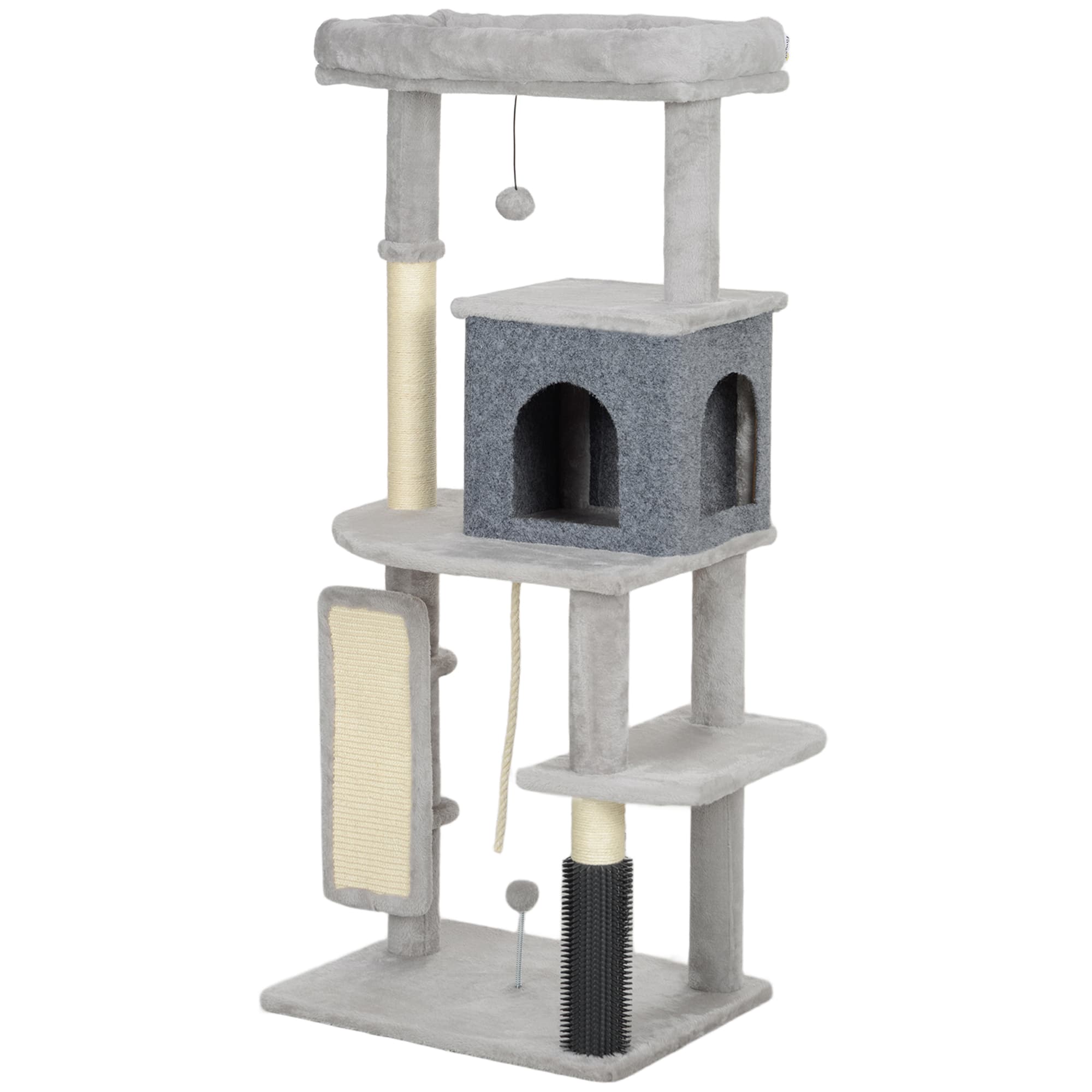 PawHut Arbre à chat de 132 cm avec poteaux à griffer, lit, maison, plateformes de saut, brosse de soins, gris clair