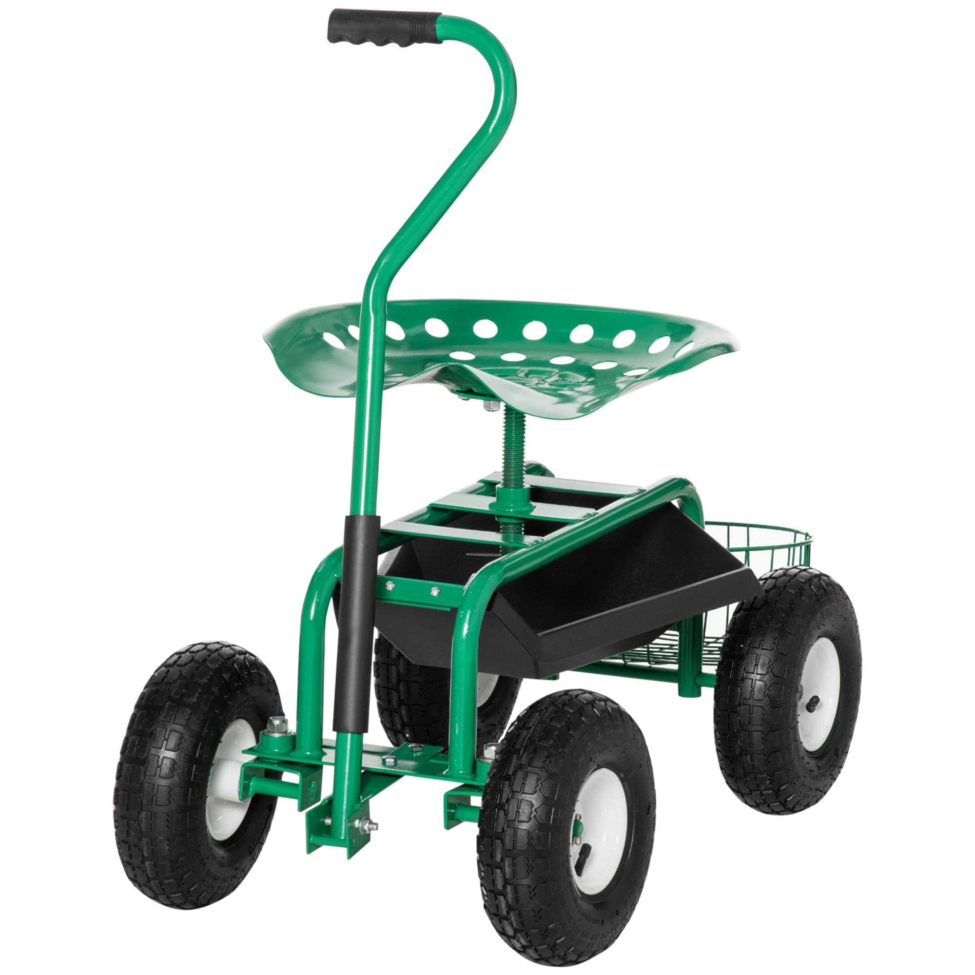 Outsunny Chariot de Jardin avec Siège à Roulettes de150 kg avec Panier de Rangement Chariot d'Atelier Direction Réglable Hauteur Siège 46-59cm Vert