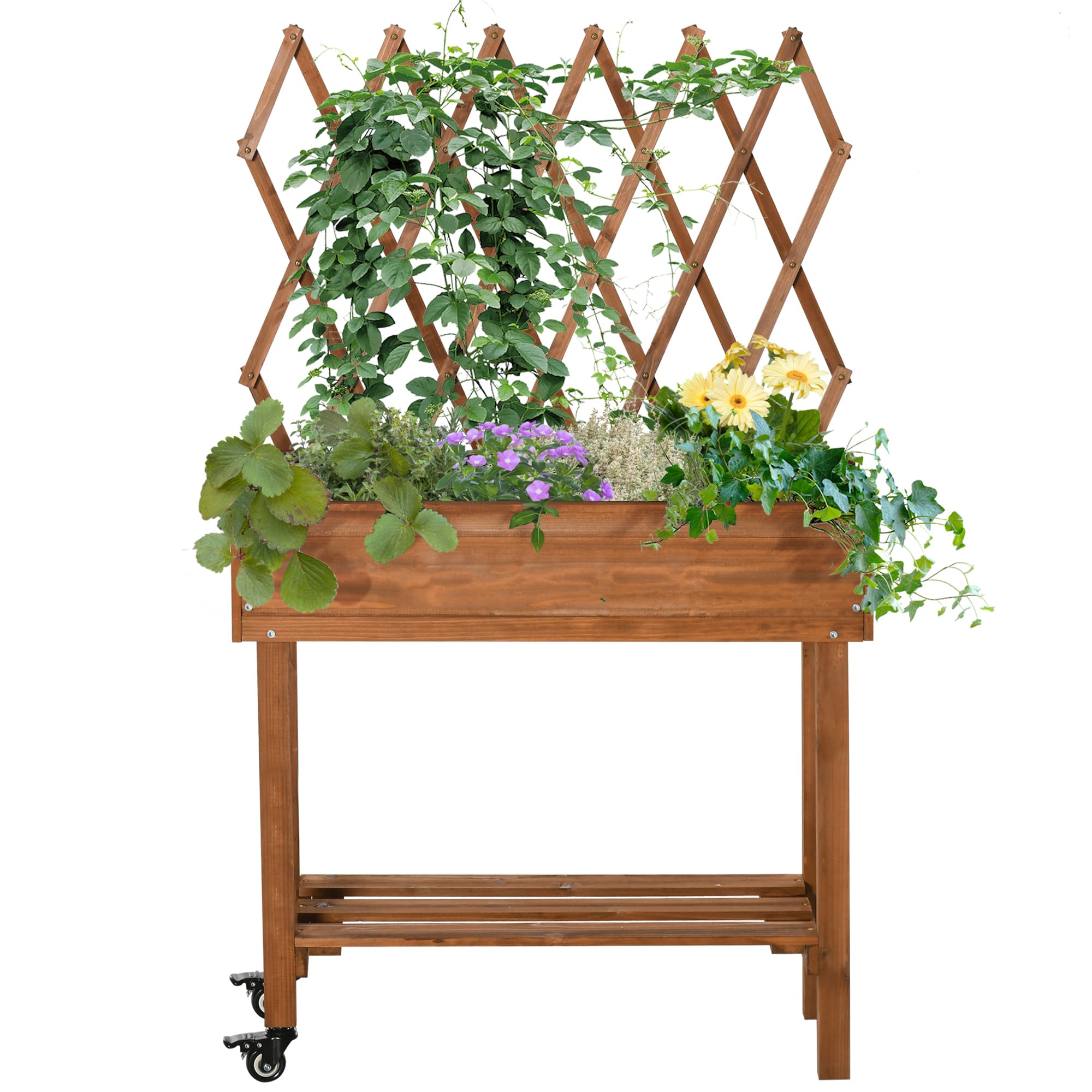 Outsunny Potager surélevé, treillis intégré, étagère de rangement, roues, bois massif, marron, 79 x 29 x 130 cm