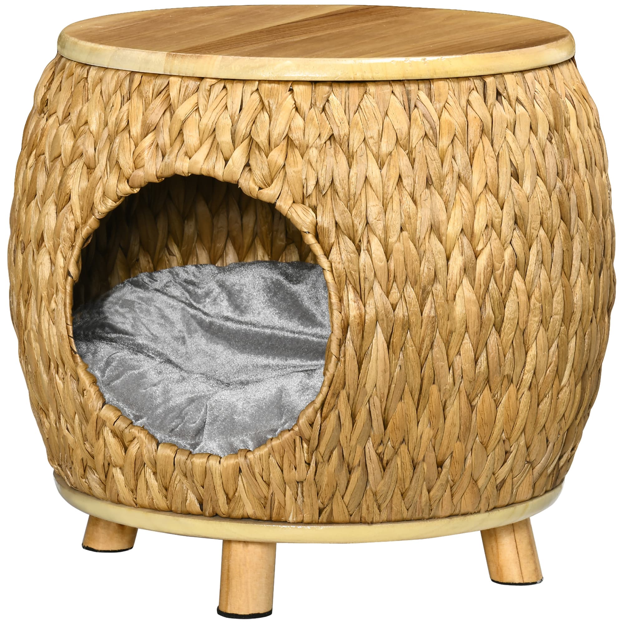 Pawhut Maison de Chat en Rotin d'Eau, Coussin Lavable, 44 cm x 43 cm x 42 cm, Brun clair+Naturel+Gris