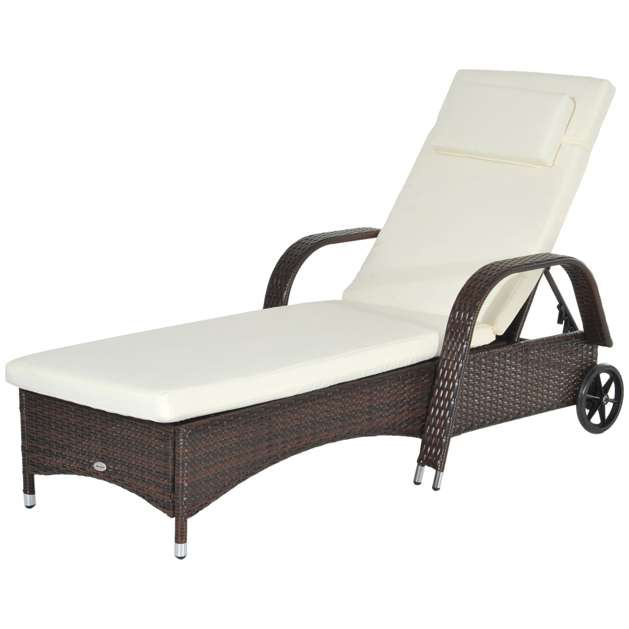 Outsunny Chaise Longue de Jardin en Rotin Mobilier de Jardin avec Coussin et Roues, Rotin Synthétique+Métal, Marron Café, 200 x 73 x 30-103cm