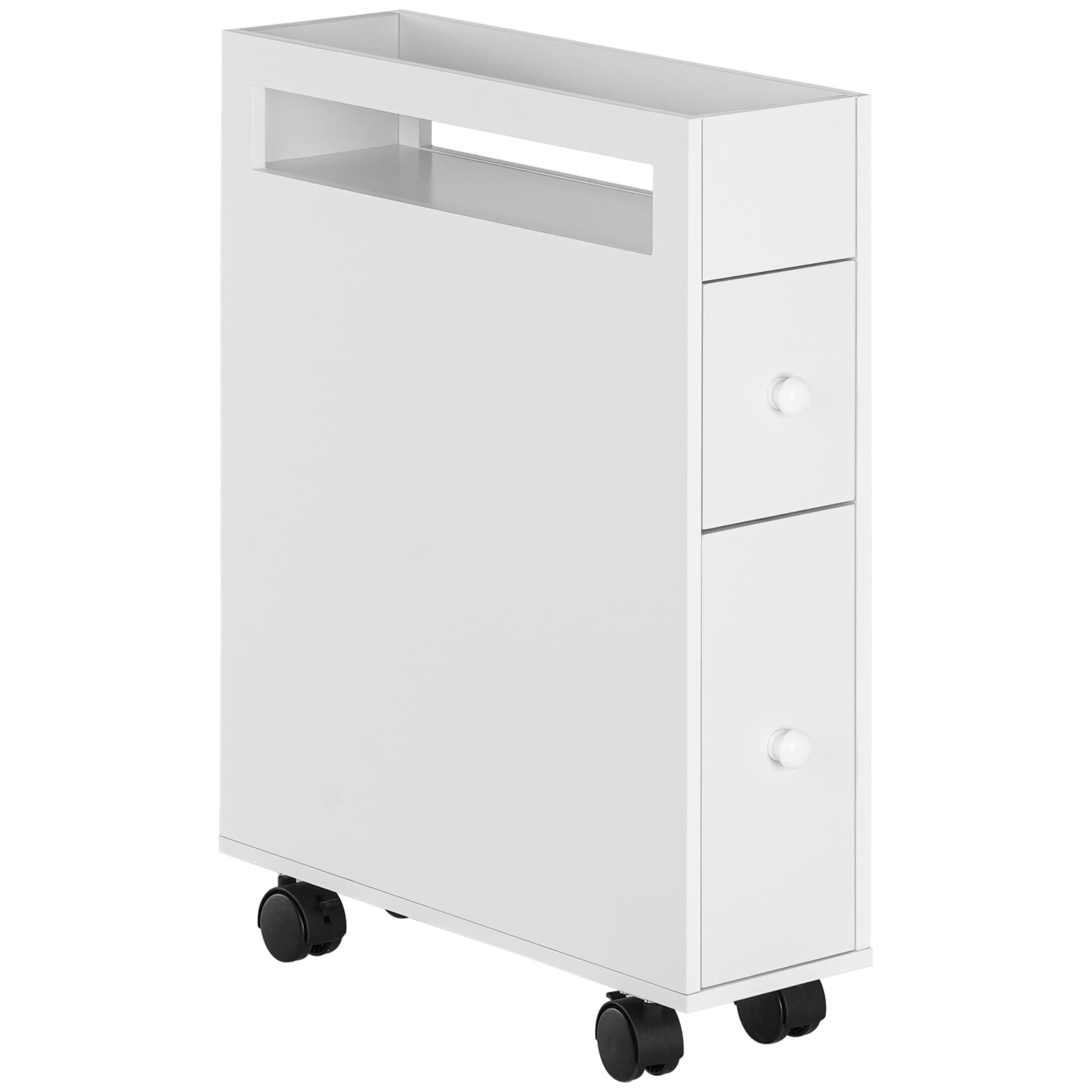 HOMCOM Meuble de salle de bain, Meuble à roulettes, Design étroit, deux tiroirs, quatre roues, blanc, 16 x 49,5 x 66 cm