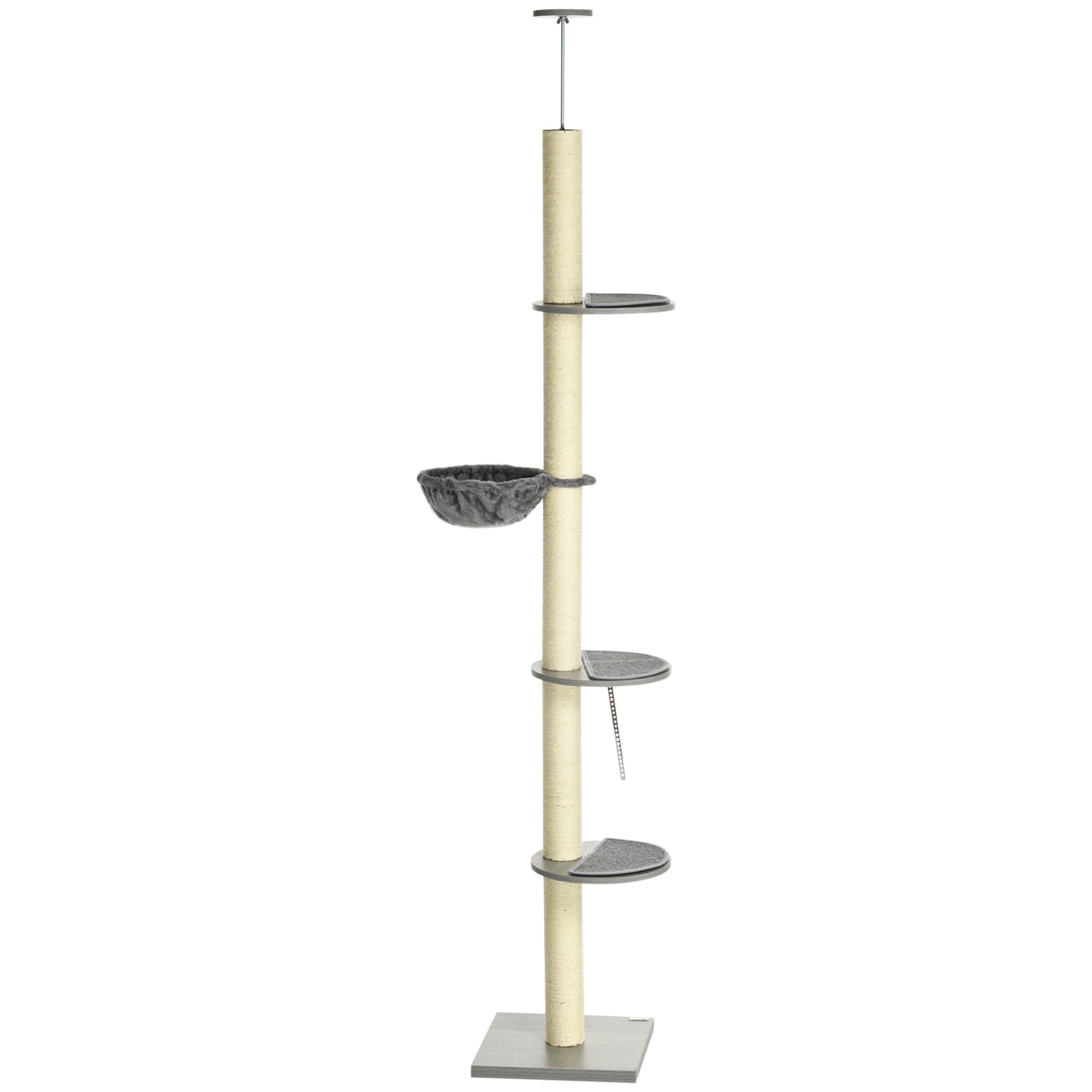 PawHut Arbre à Chat avec Hamac, incl. Connecteur Plafond, Plafonnier, 40 cm x 40 m x 250 cm, Gris + Blanc crème
