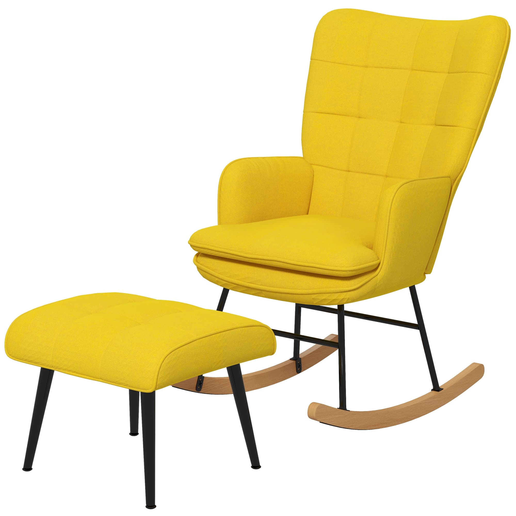 HOMCOM Rocking-chair avec Repose-Pied en Design Scandinave Rocking-chair avec Pouf, Bois de hêtre, Rembourrage, 64 cm x 89 cm x 90 cm Jaune