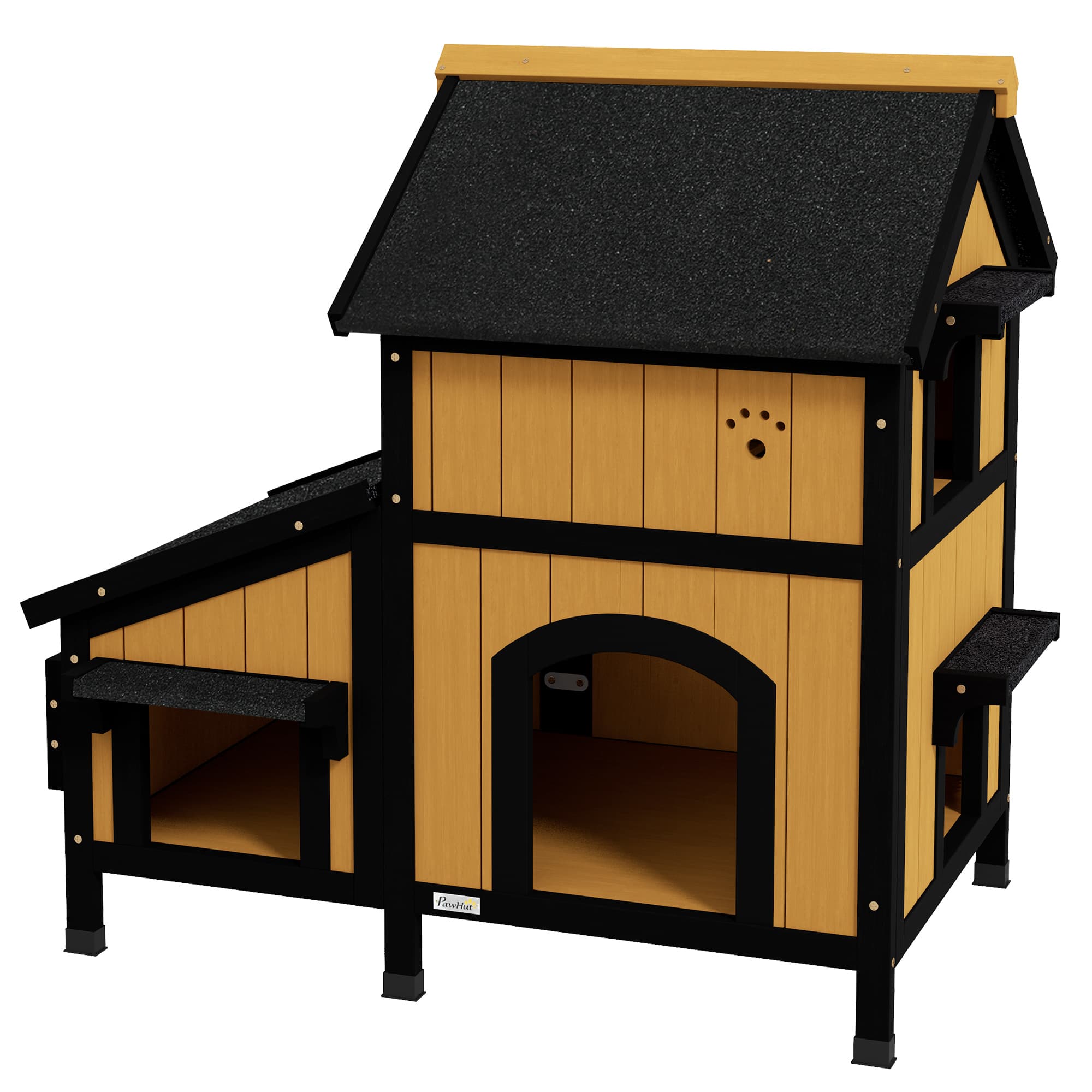 PawHut Maison pour Chats, Cabane pour Chats, Grotte pour Chats, incl. Bac à fleurs, 96 cm x 65 cm x 85,5 cm, Jaune + Blanc + Noir