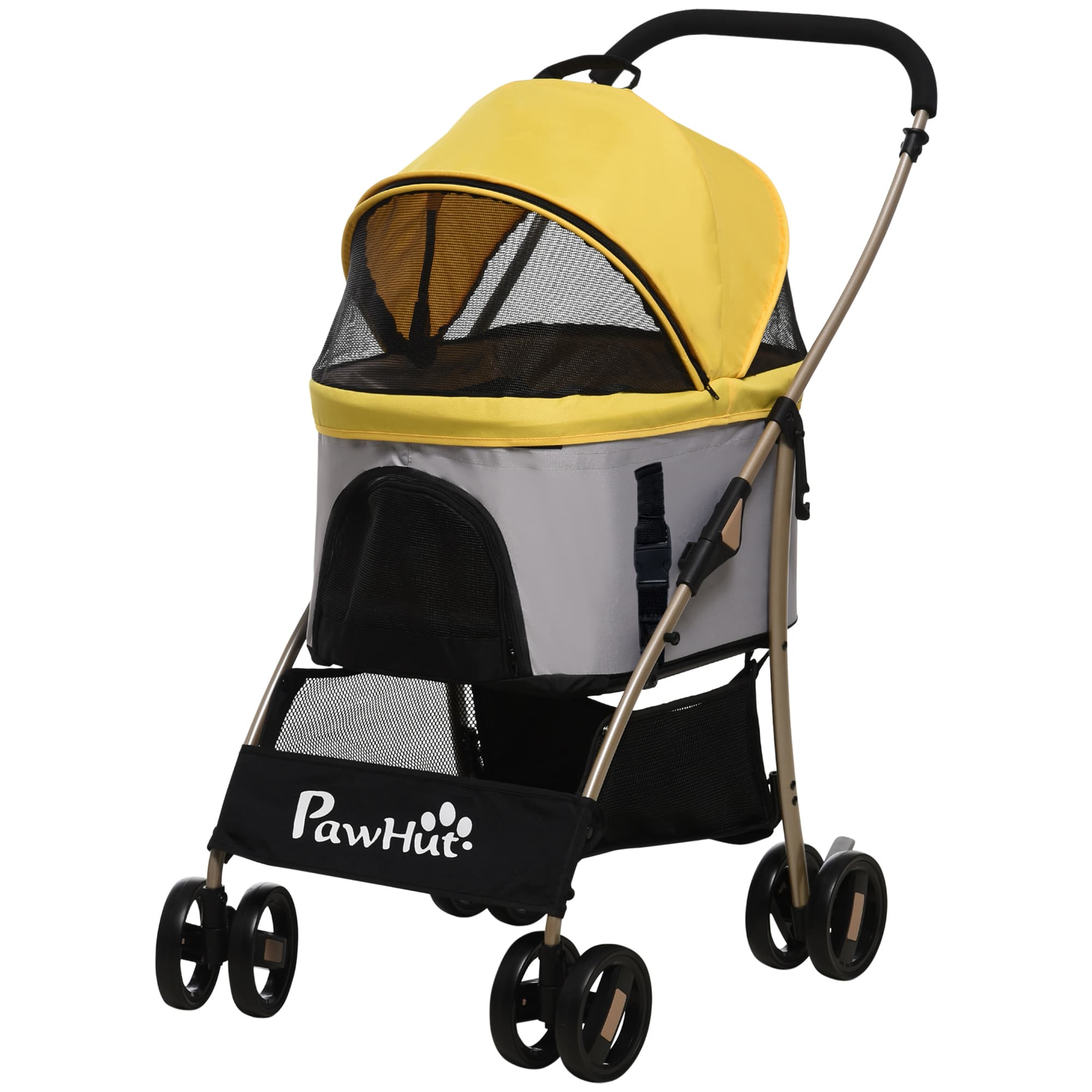 PawHut 2 en 1 Poussette pour chien Chariot pour chien, pliable, 1 panier, 1 sac, 82 cm x 49,5 cm x 98 cm, Jaune