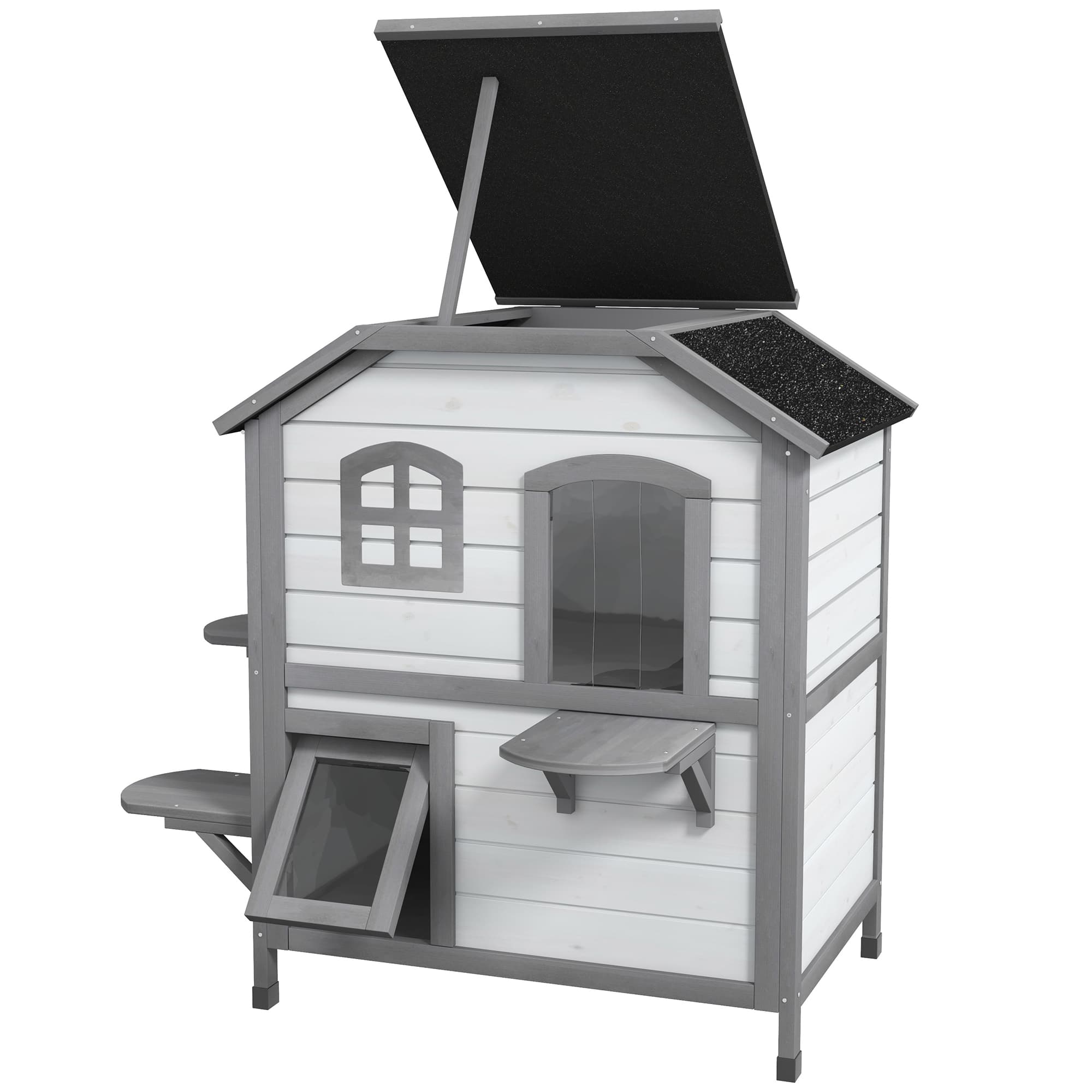 PawHut Maison pour Chats Cabane pour Chats Niche, 2 Étages, résistante aux intempéries, 78,1 cm x 55,2 cm x 90,8 cm, Blanc + Gris clair