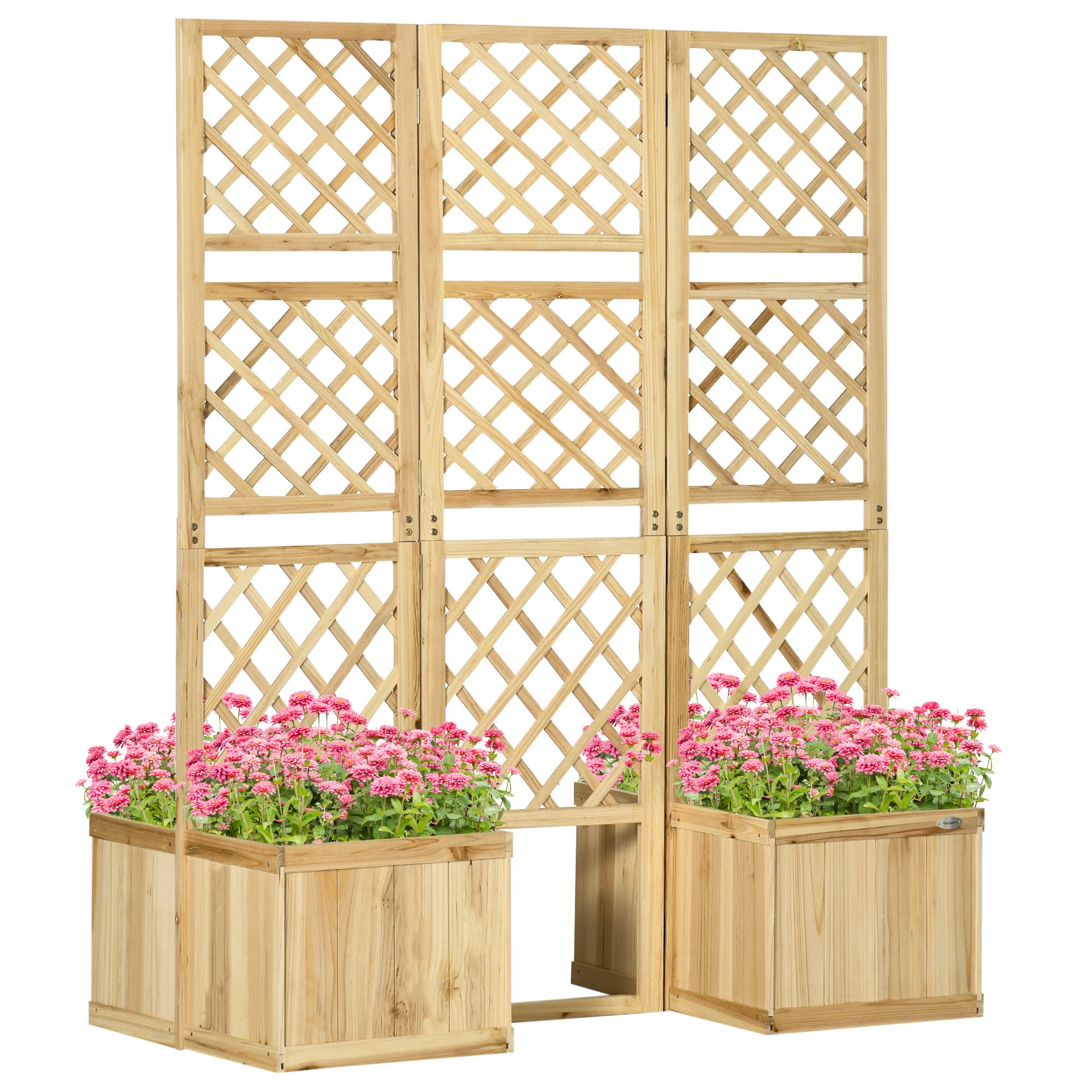 Outsunny Paravent, pare-vue pour jardin, pliable en trois parties, 4 bacs à fleurs, bois massif, couleur naturelle, 133 x 62 x 165 cm