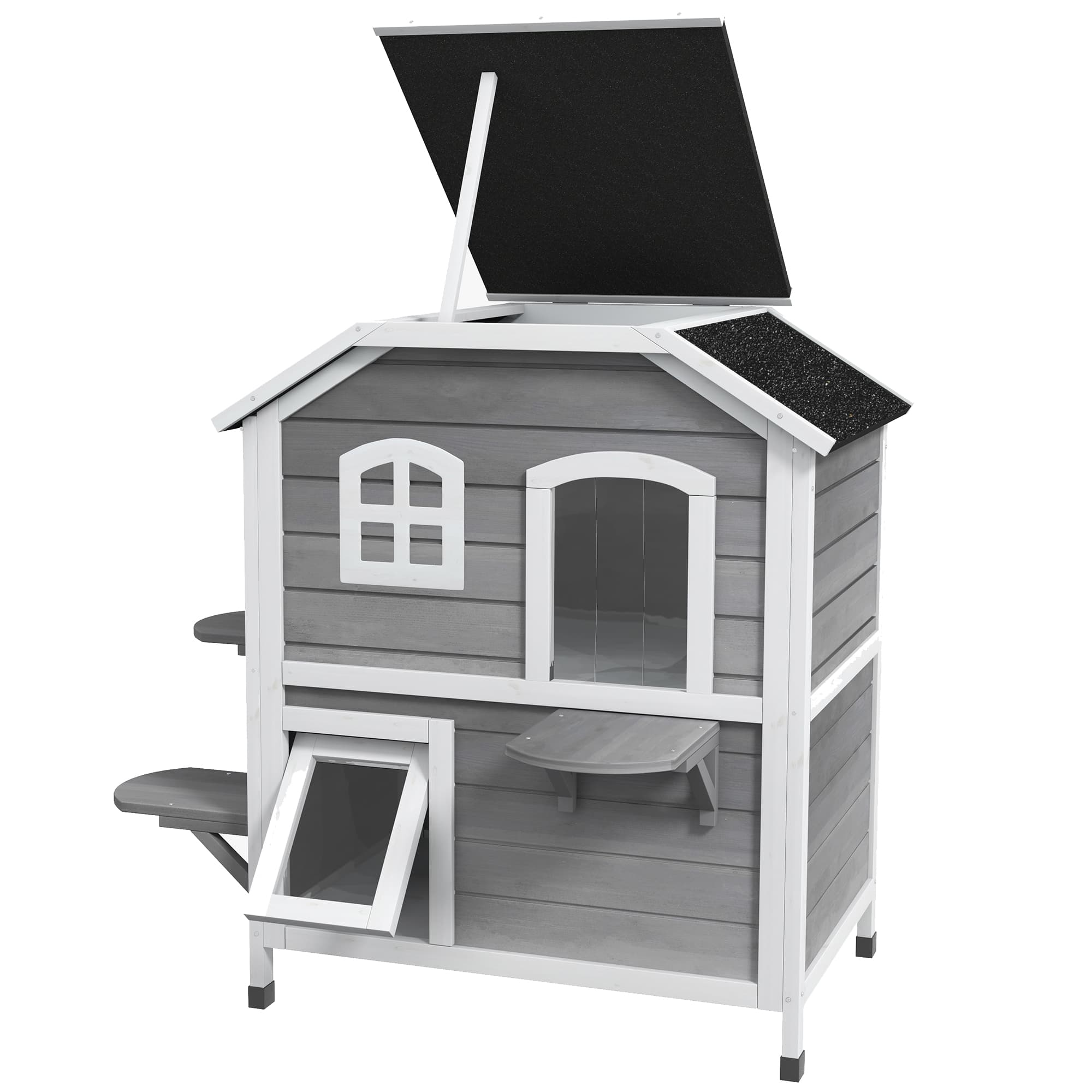 PawHut Maison pour chats avec toit en asphalte, Maison pour chats extérieure avec escaliers à 2 étages, Étanche, Bois de sapin, Gris, 78x55,5x91cm