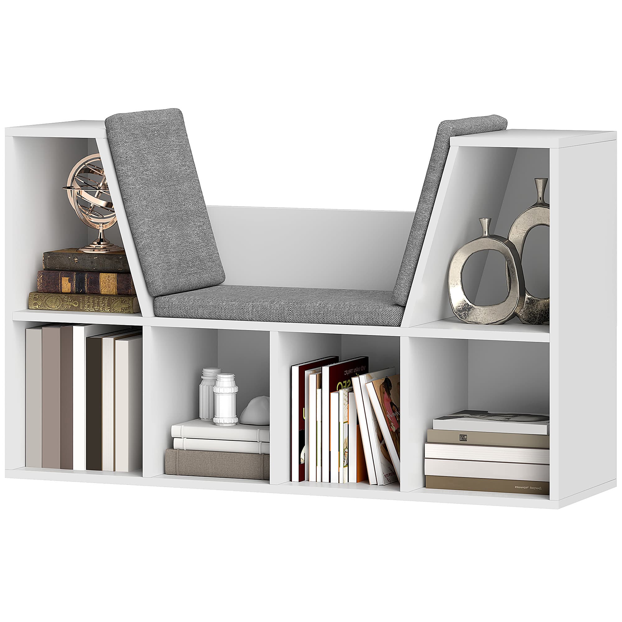 HOMCOM Étagère à livres avec assise, 6 compartiments, rembourrée, 105 x 30 x 63 cm, Blanc