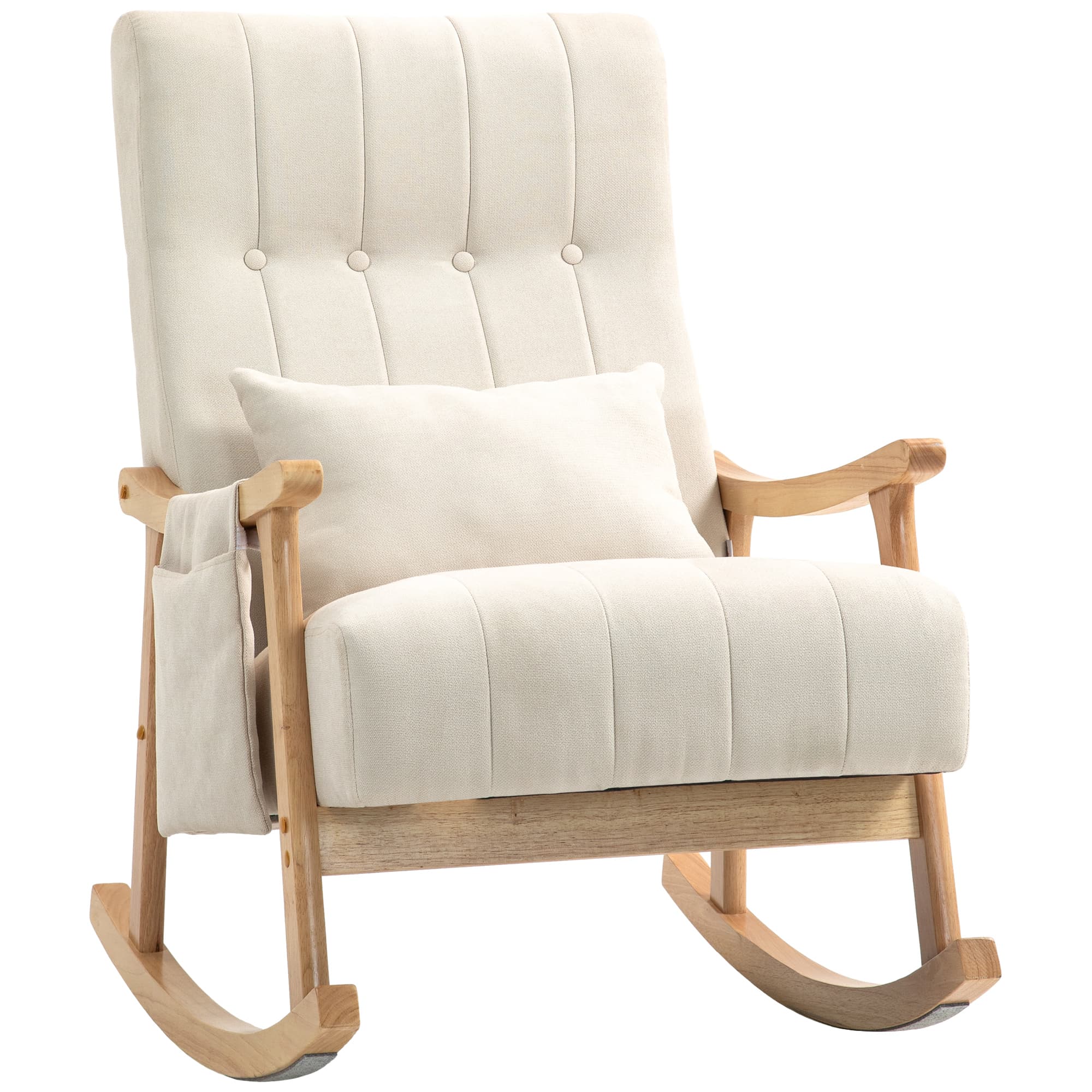 HOMCOM Fauteuil à Bascule avec Coussin Lombaire, Assise Large, Cadre en Hêtre, jusqu'à 120 kg, Beige