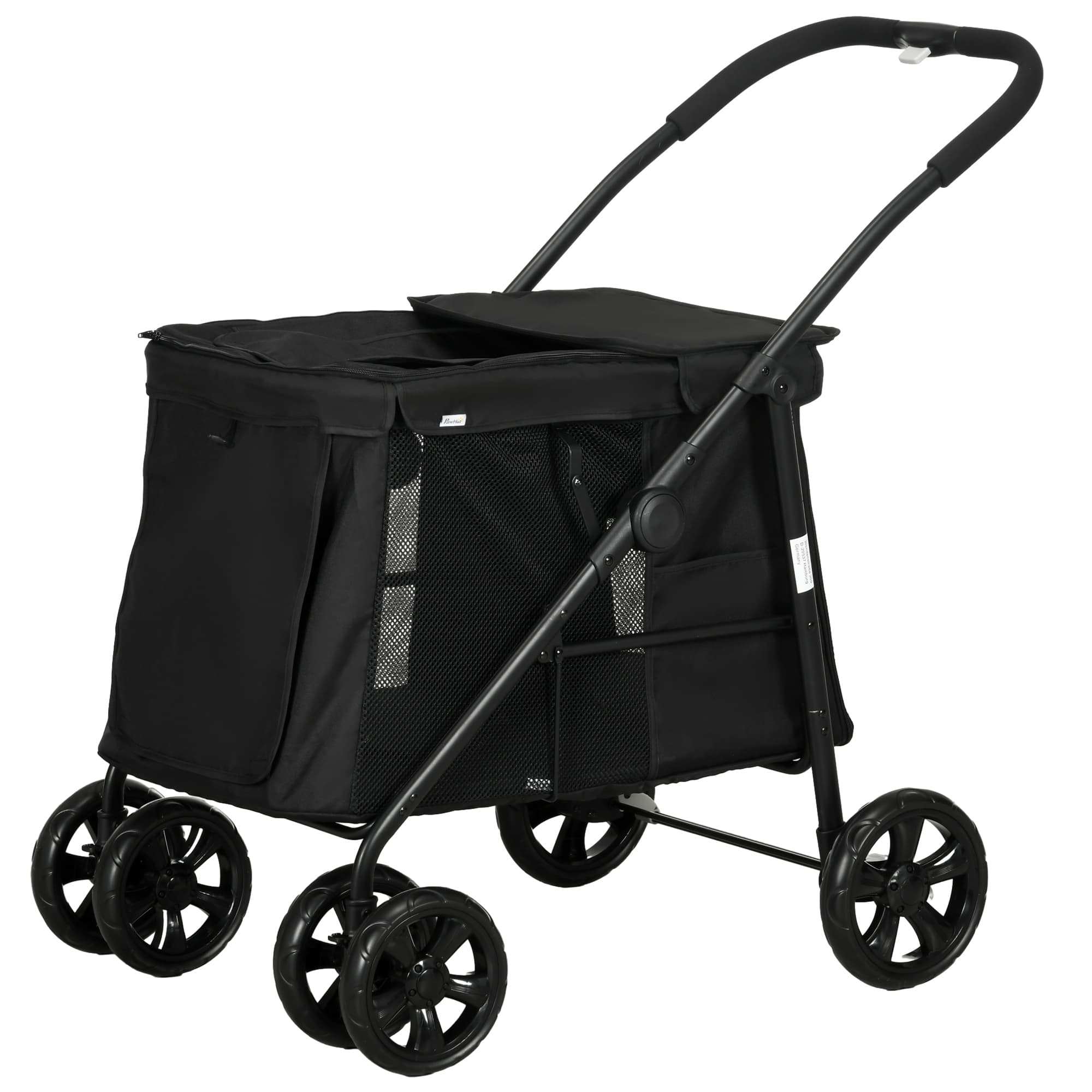 PawHut Poussette pour Chiens incl. Coussin, 3 Poches Latérales, pliable, chariot pour chiens, 102 cm x 62 cm x 105 cm, Noir