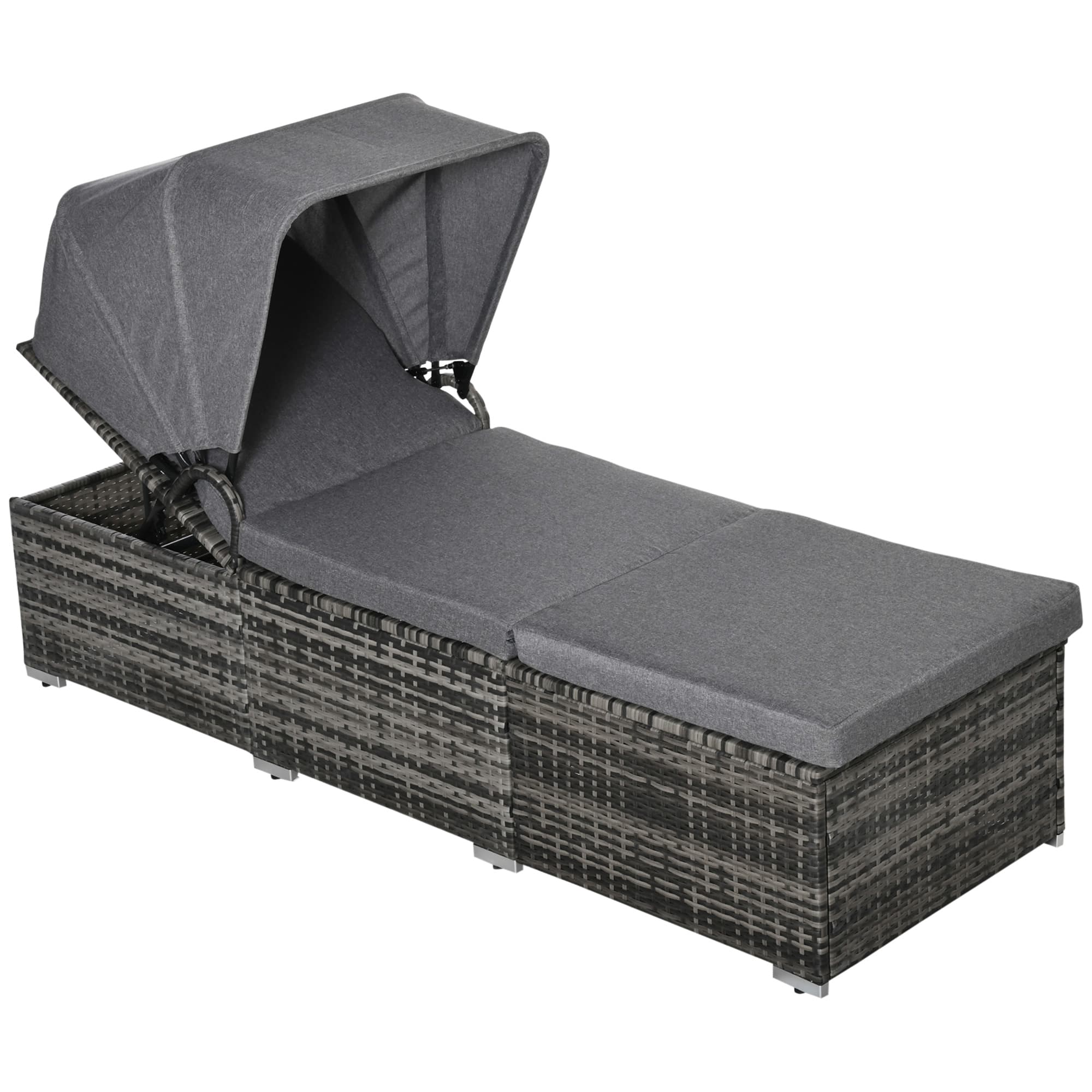Outsunny Chaise longue en rotin polymère avec auvent Transat réglable Lit de jardin en rotin Mobilier de jardin avec coussins Gris 195x65x40cm