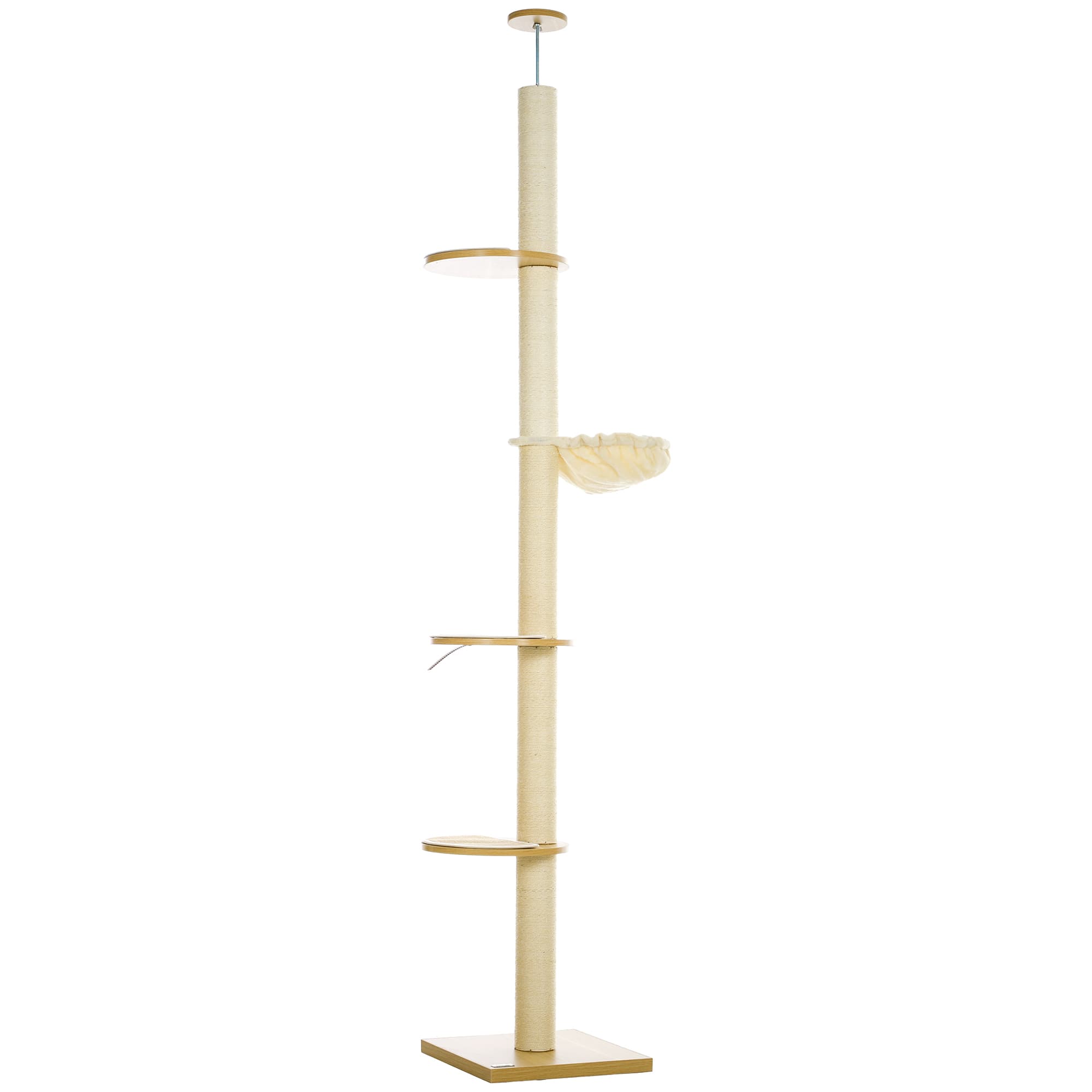 PawHut Arbre à Chat au Plafond, Dispositif Anti-Basculement, Poteau en Corde de Sisal, Panneau de Particules, Chêne+Blanc crème