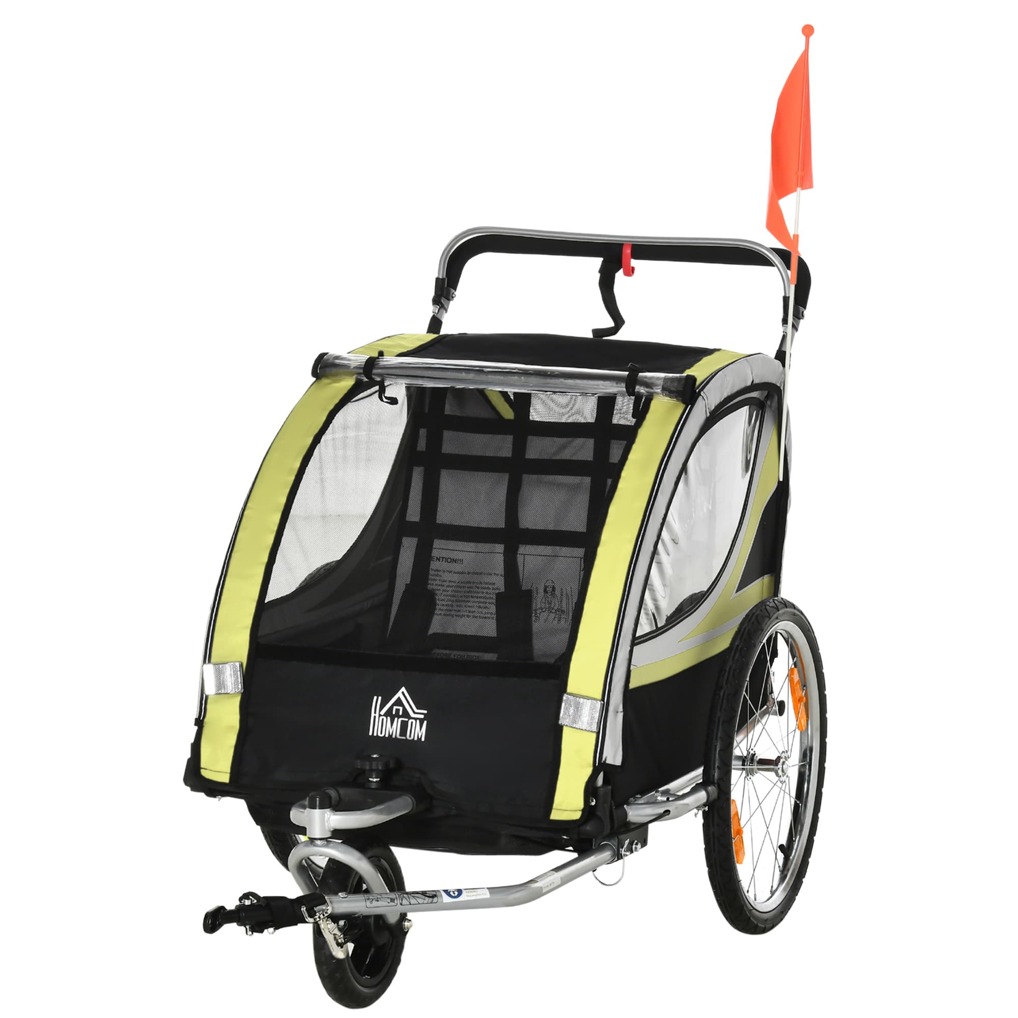 HOMCOM Remorque pour 2 enfants 2-en-1, poignée de poussée, protection contre la pluie, frein, Jaune