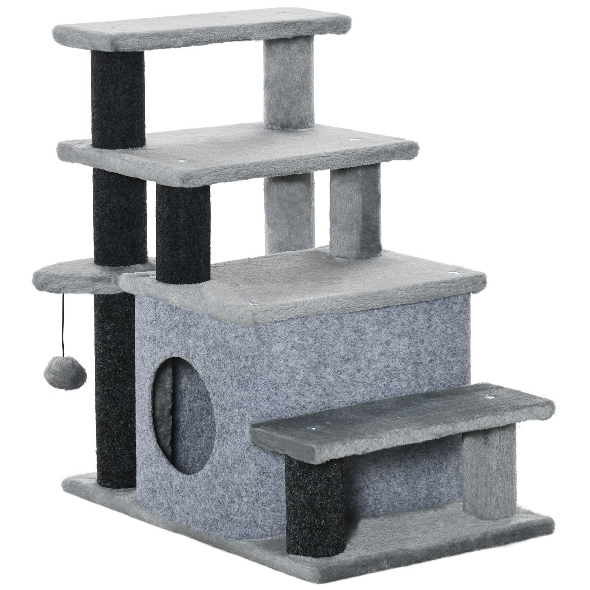 PawHut Arbre à gratter, escalier pour animaux, 4 marches, balle de jeu, maisonnette, ajustable en hauteur, noir+gris, 60 x 40 x 66 cm