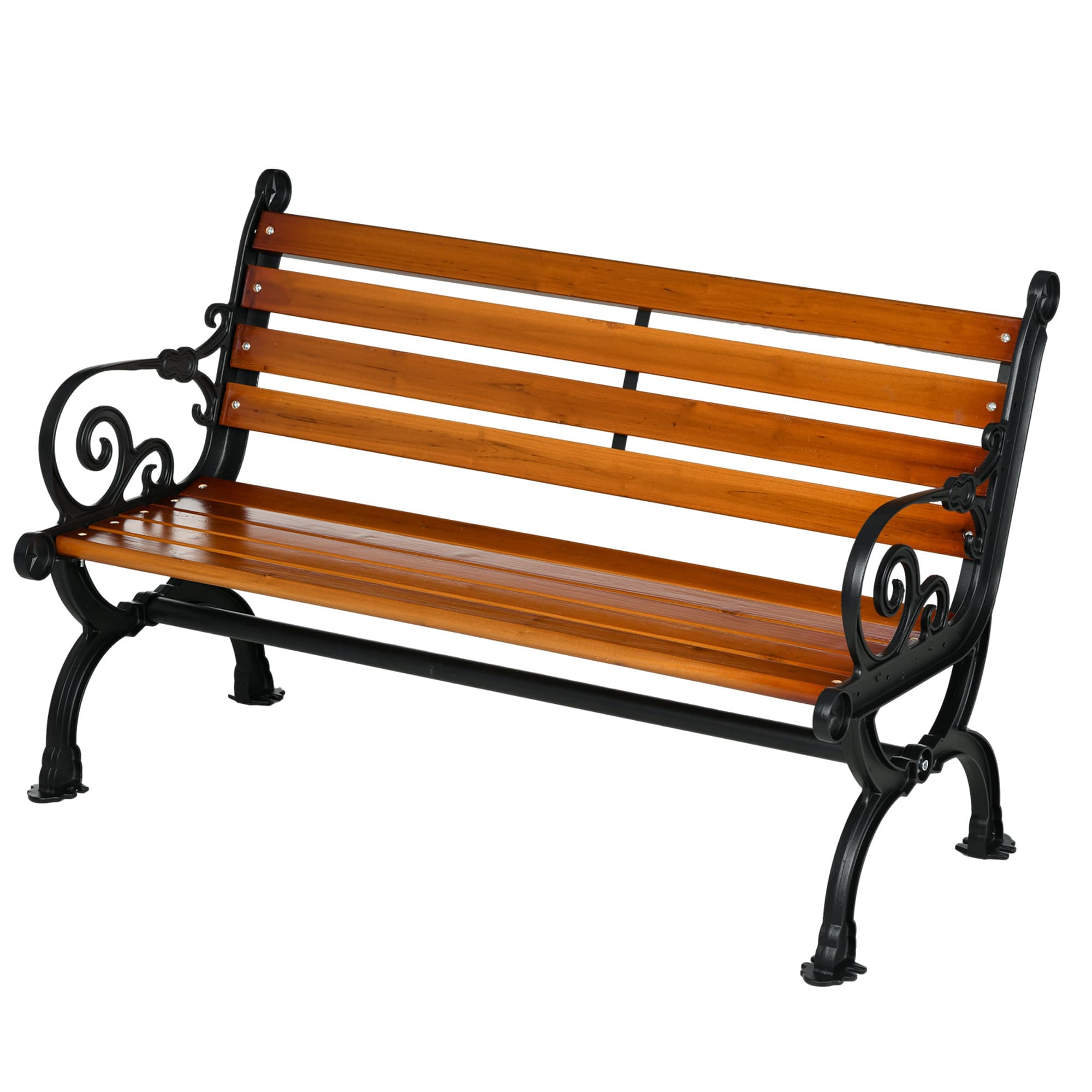 Outsunny Banc pour 2 personnes, accoudoirs décoratifs, pour jardin et terrasse, fonte d'aluminium + bois naturel, 120 x 64 x 79 cm, Teck