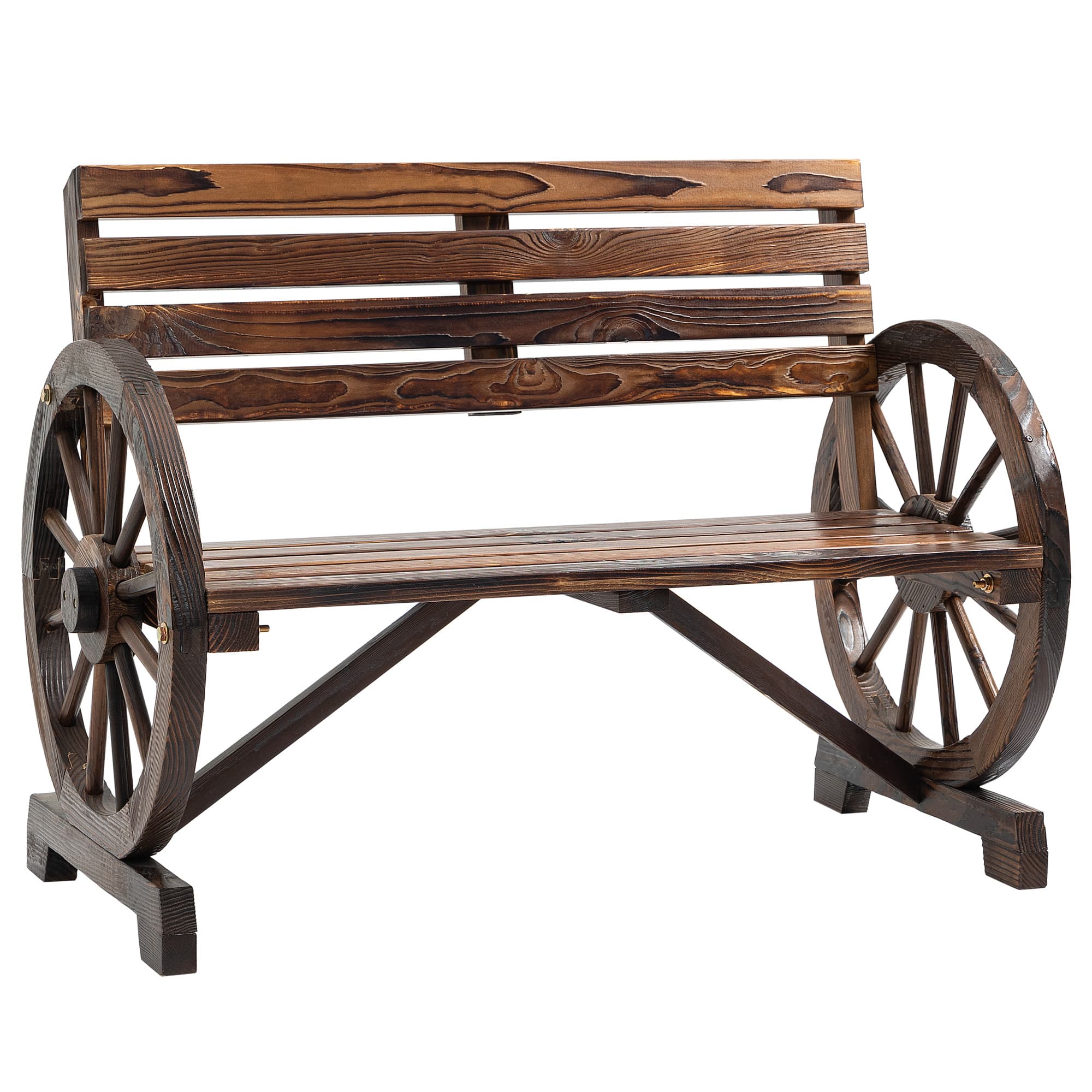 Outsunny Banc de Jardin avec Design de Roue de Chariot pour 2 Personnes en Bois Naturel Marron Foncé 105,5 x 56 x 79 cm