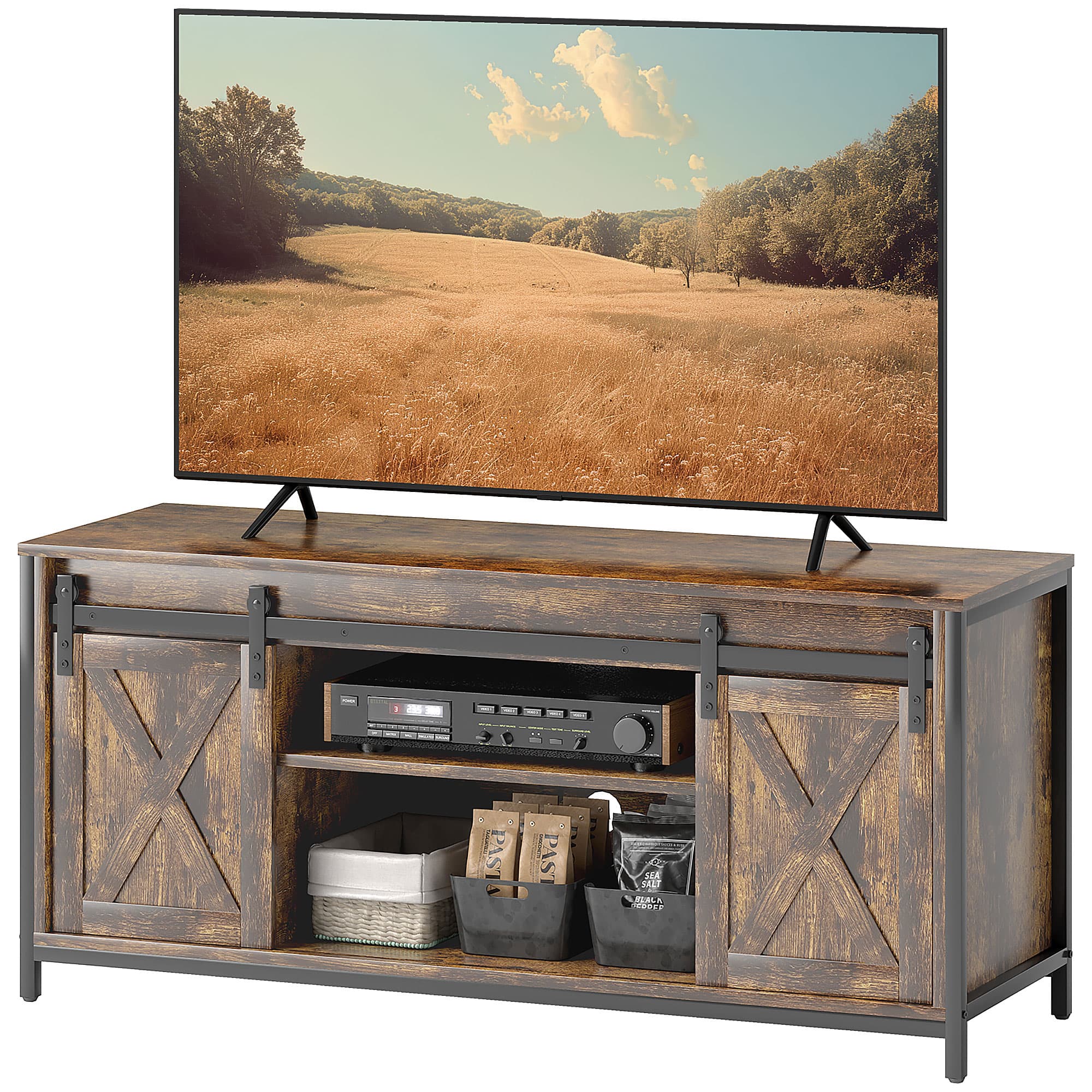HOMCOM Meuble TV Bas, Design Industriel, pour téléviseurs 60'', 6 Compartiments, 2 Portes Coulissantes, Brun/Noir