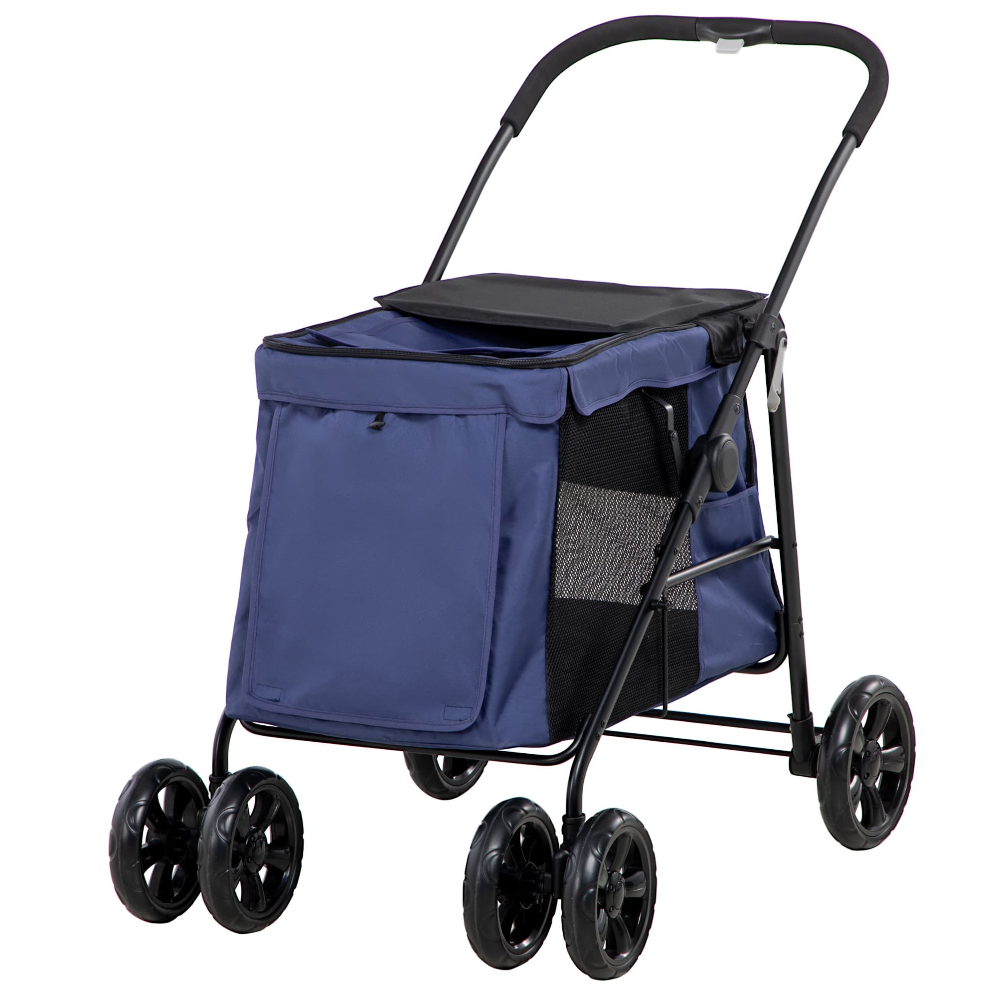 PawHut Chariot pour chiens avec coussin, 3 poches latérales, pliable, poussette pour chiens, 102 cm x 62 cm x 105 cm, Bleu