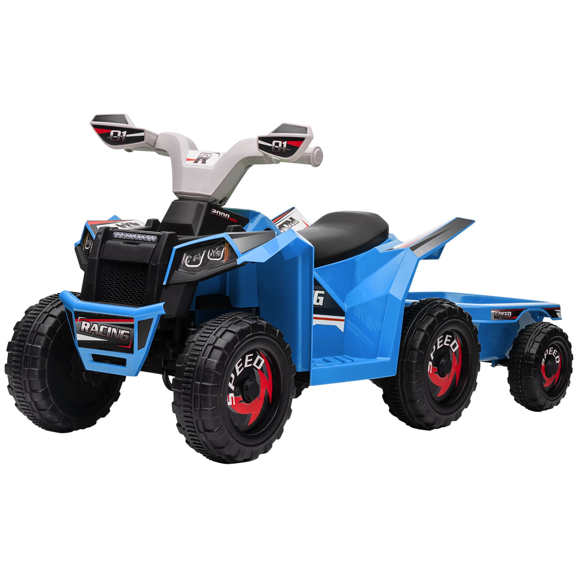 HOMCOM Quad pour enfants, rechargeable, 2,5 km/h, avec remorque, 50 min d'autonomie, pour enfants de 1,5 à 3 ans, Bleu
