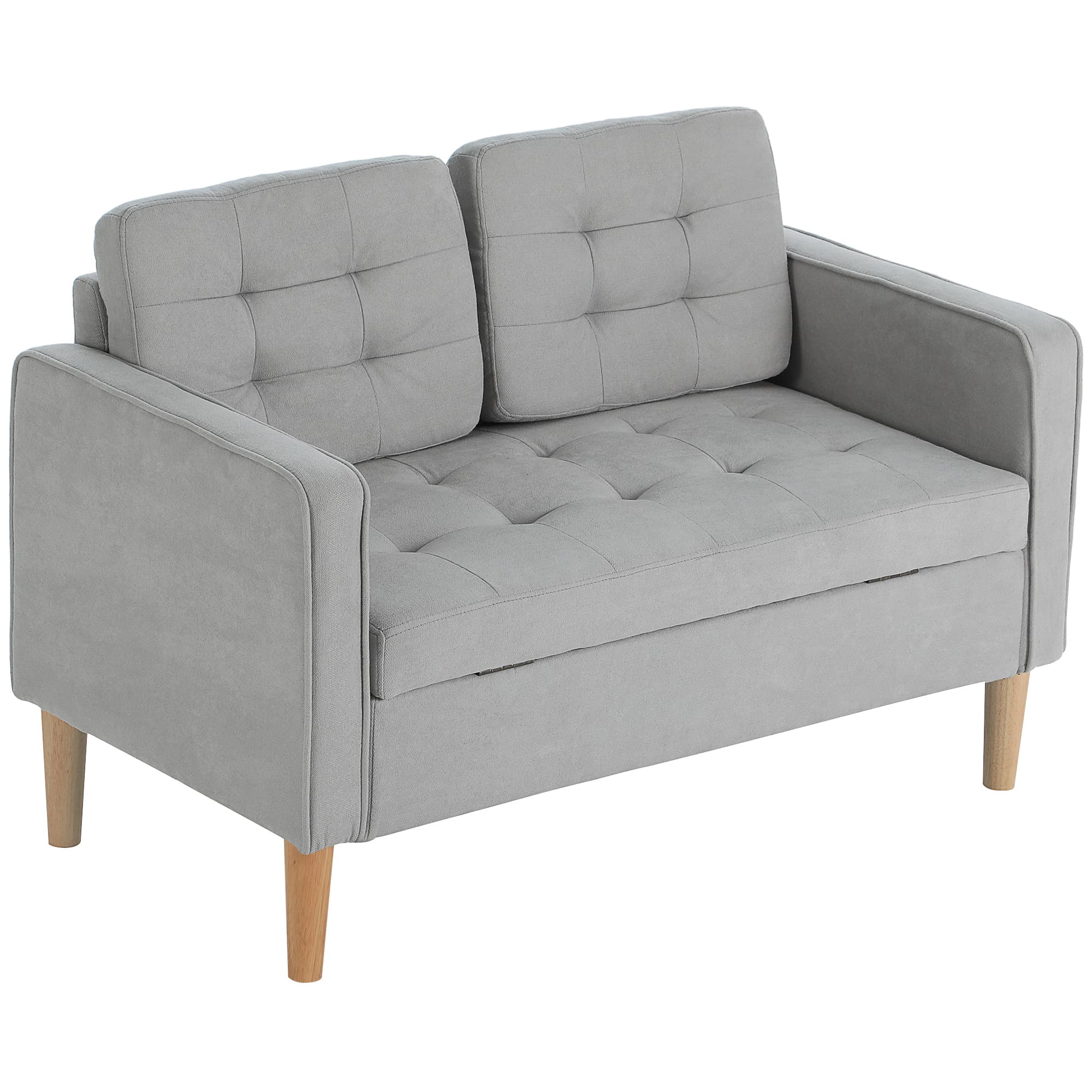 HOMCOM Canapé 2 Places avec Espace de Rangement, Capitonnage, Coussin, Bois de Caoutchouc, 117 x 62 x 78 cm, Gris clair