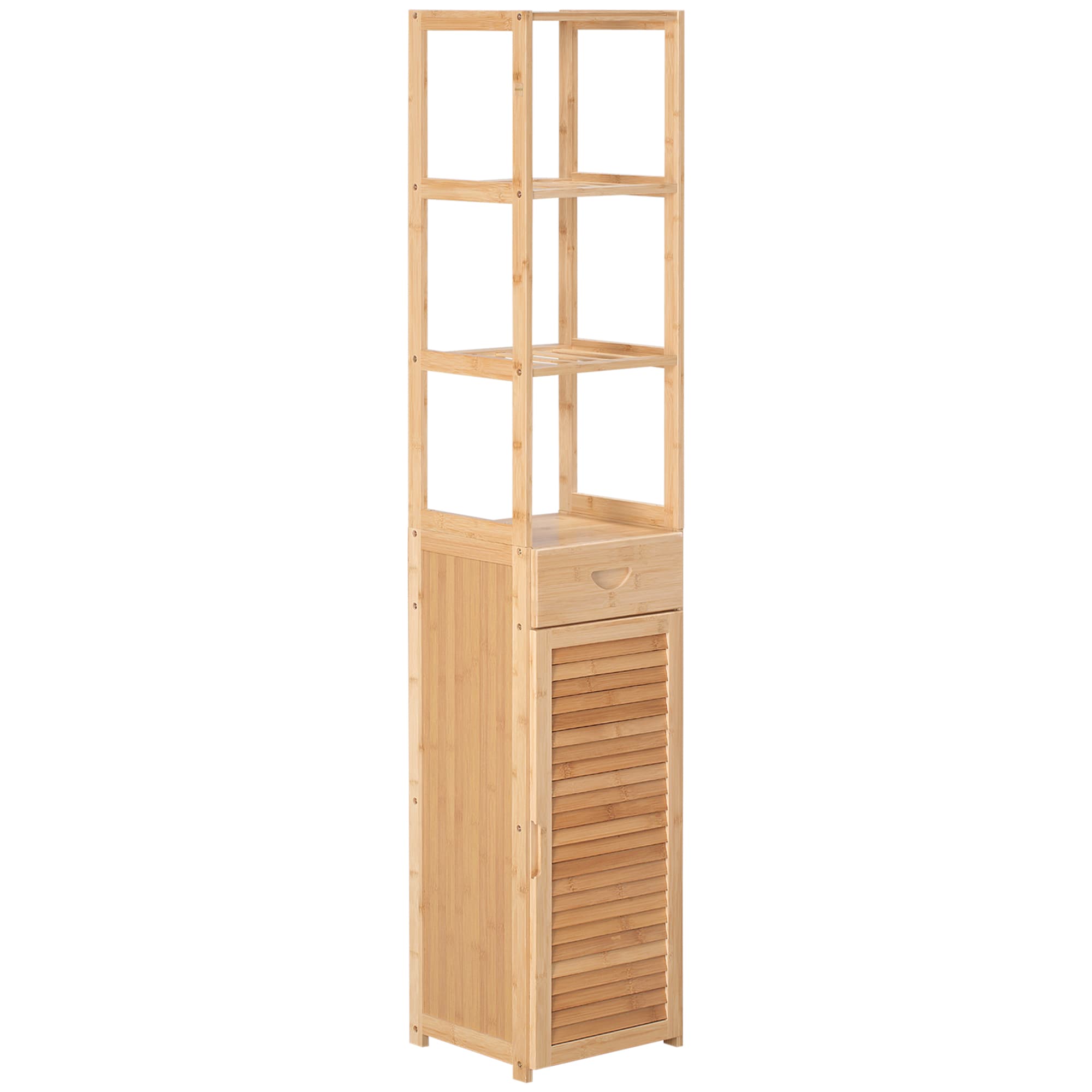 kleankin Étagère de Salle de Bain, 3 Étagères Ouvertes, Tiroir, Porte à Lamelles, Bambou, 32 x 30 x 163 cm