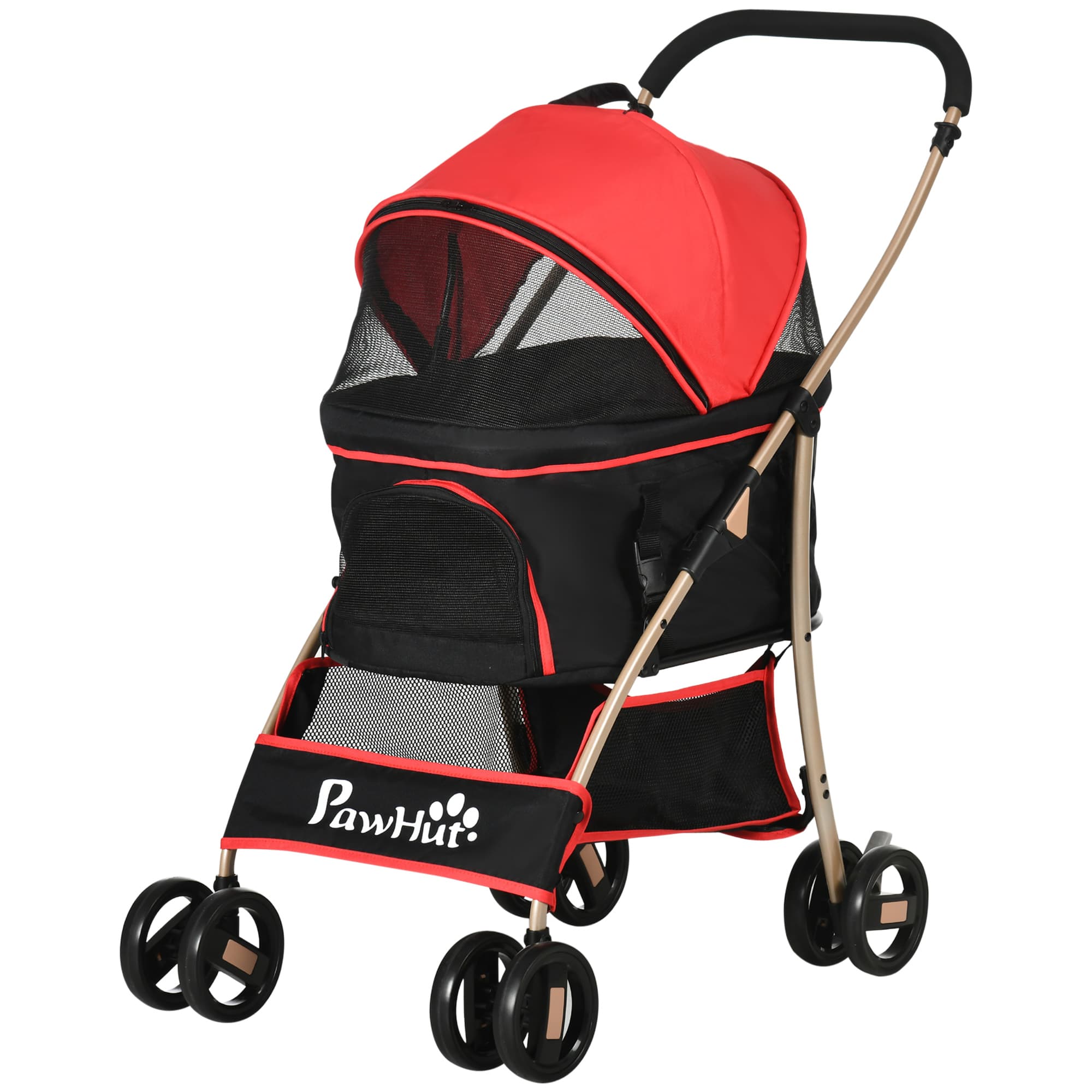 PawHut 2-en-1 Poussette pour chien Chariot pour chien, pliable, 1 panier, 1 sac, 82 cm x 49,5 cm x 98 cm, Rouge